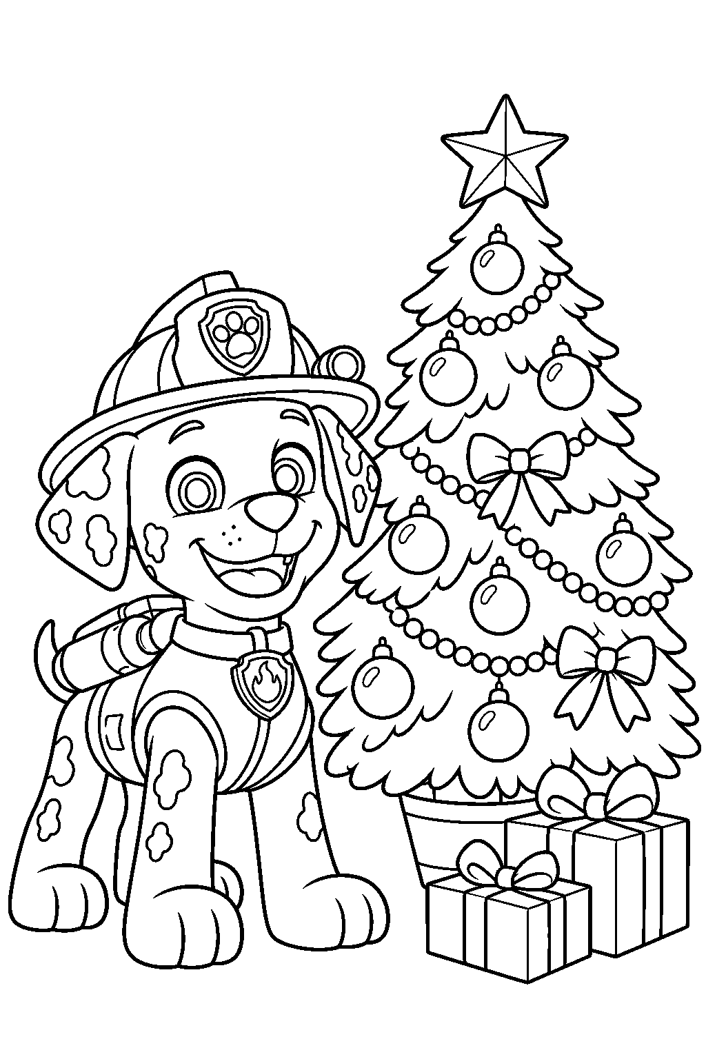 paw patrol marshall beside a christmas tree line art