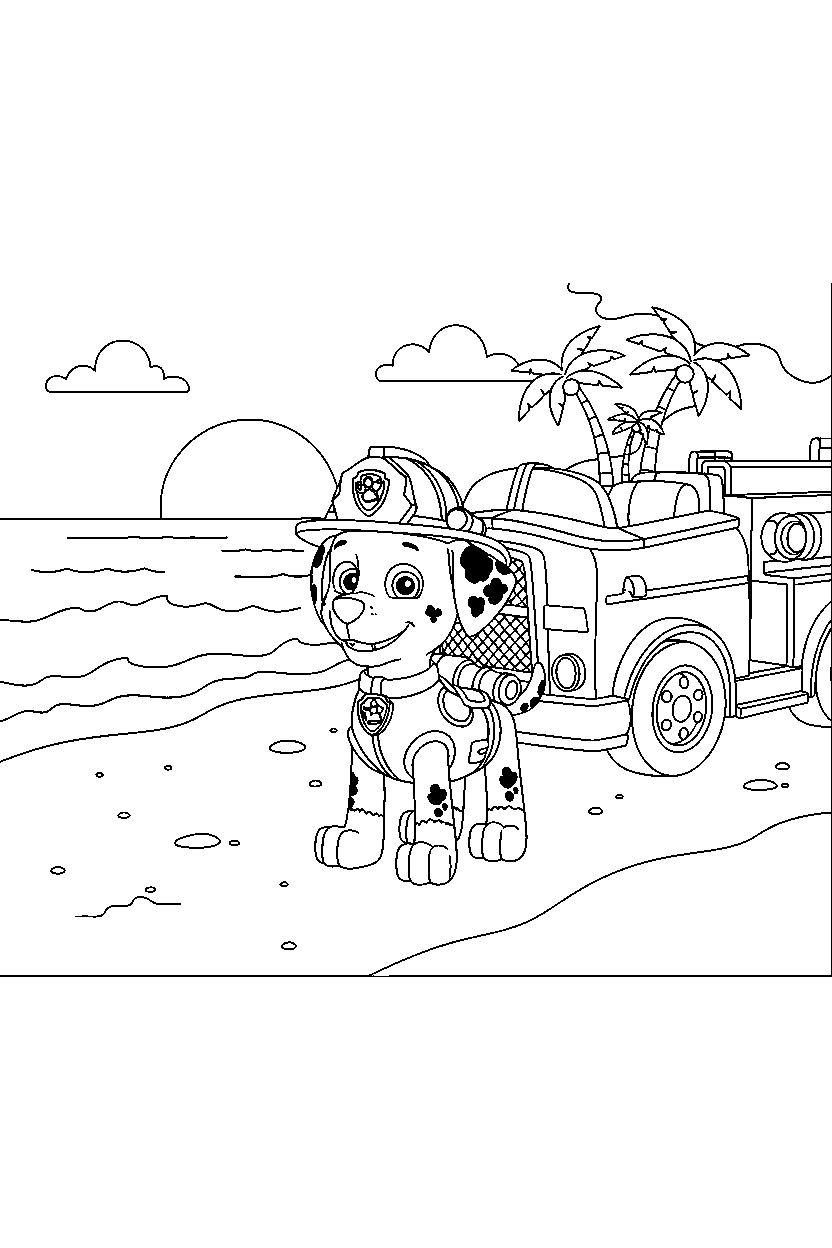 paw patrol marshall watching on beach line art