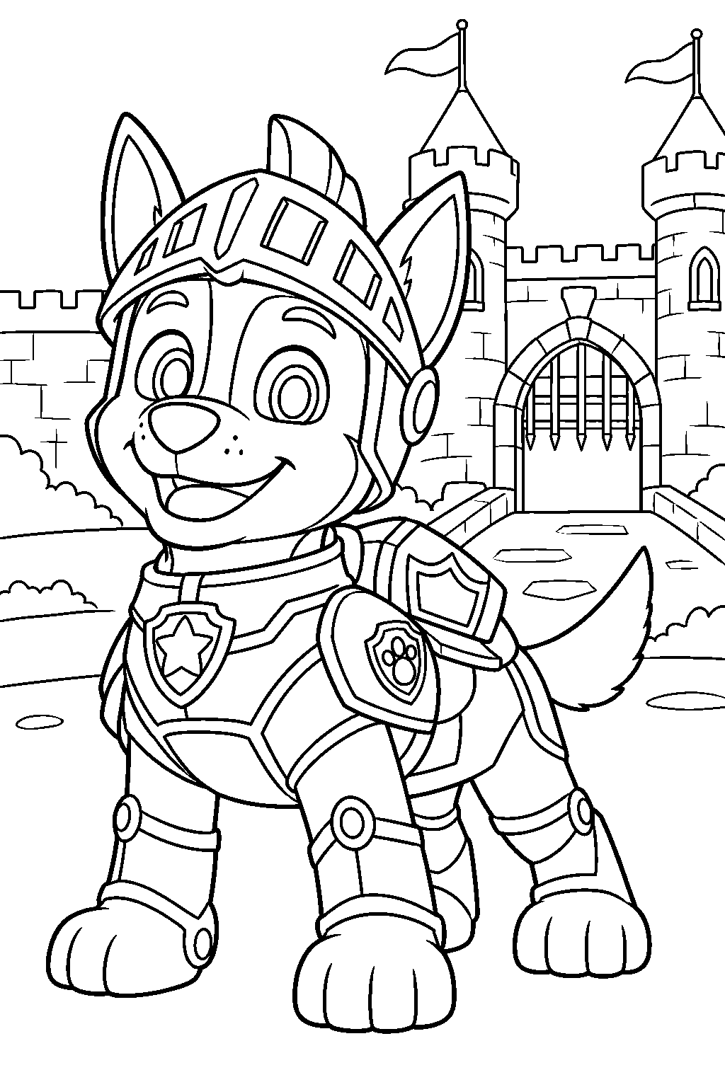 paw patrol rescue knights chase in armor at barkingburg castle line art