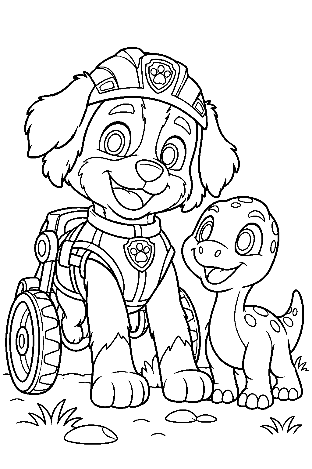 paw patrol rex in his wheelchair with a baby dinosaur line art