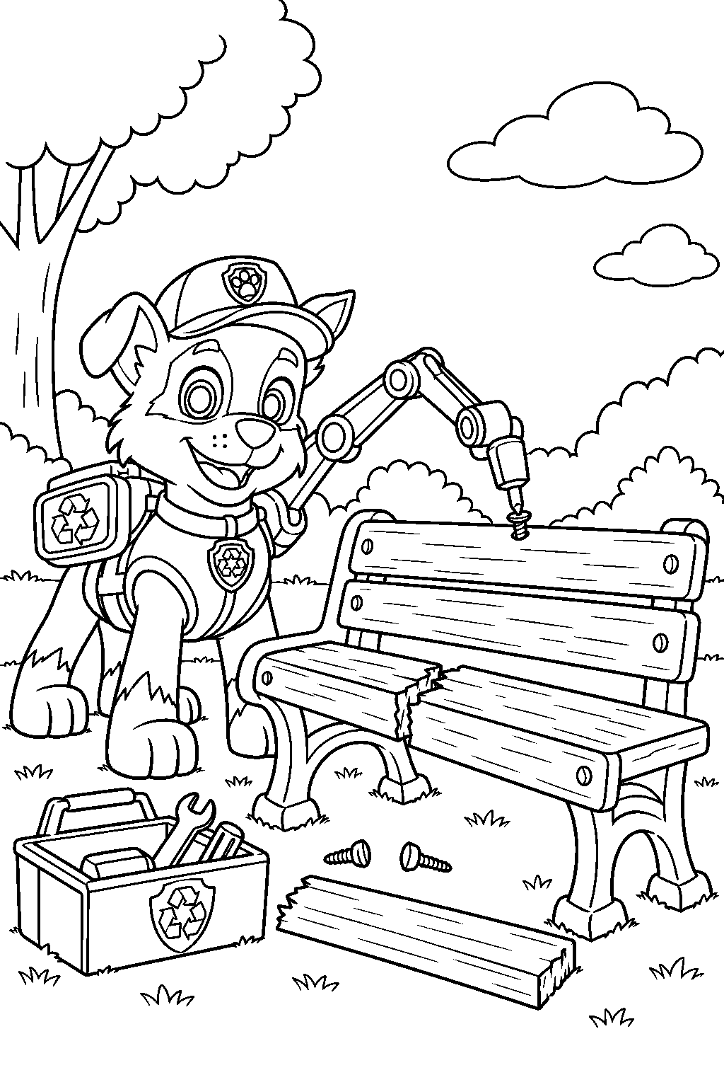 paw patrol rocky repairing a broken bench line art