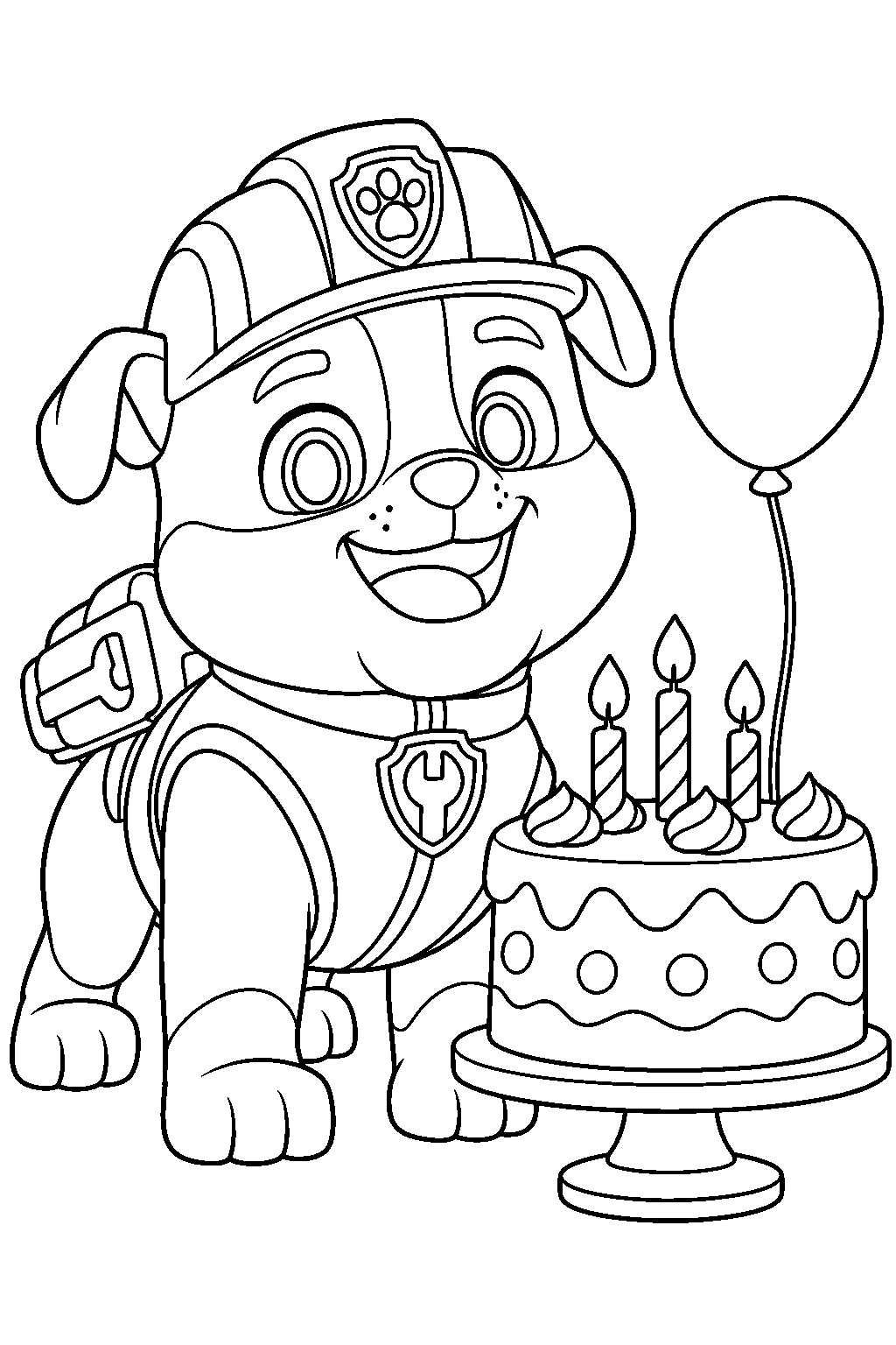 paw patrol rubble beside a birthday cake line art