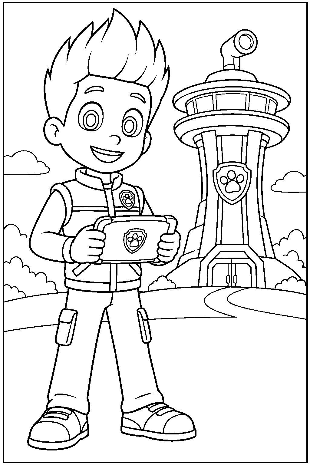 paw patrol ryder holding his pup pad at the lookout line art