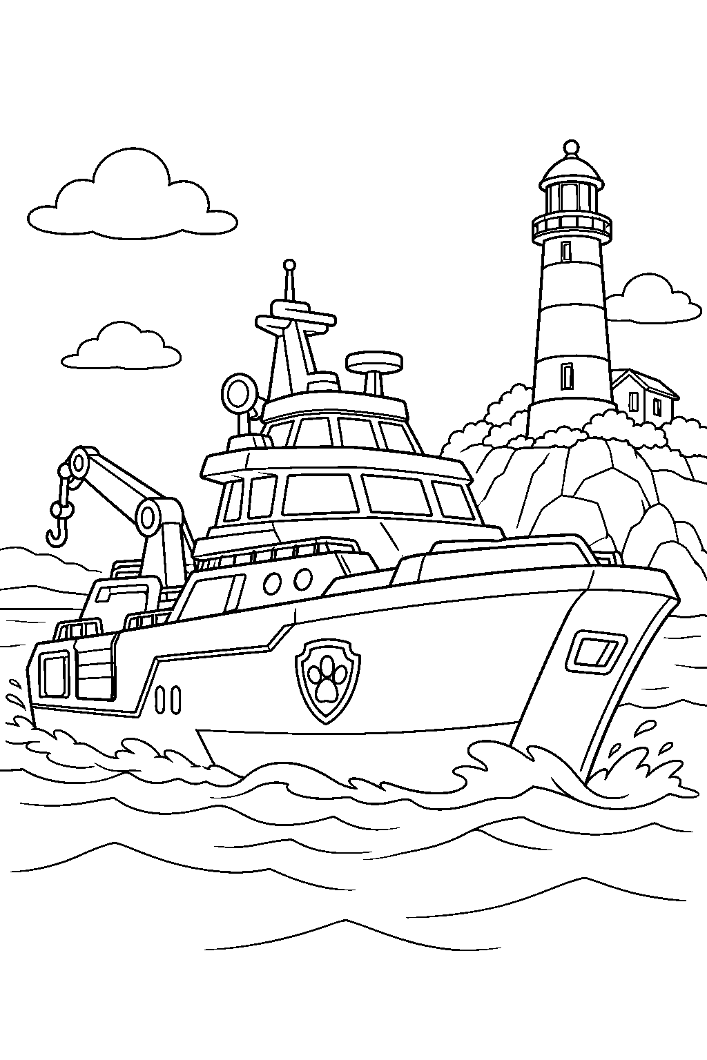 paw patrol sea patroller sailing past the adventure bay lighthouse line art
