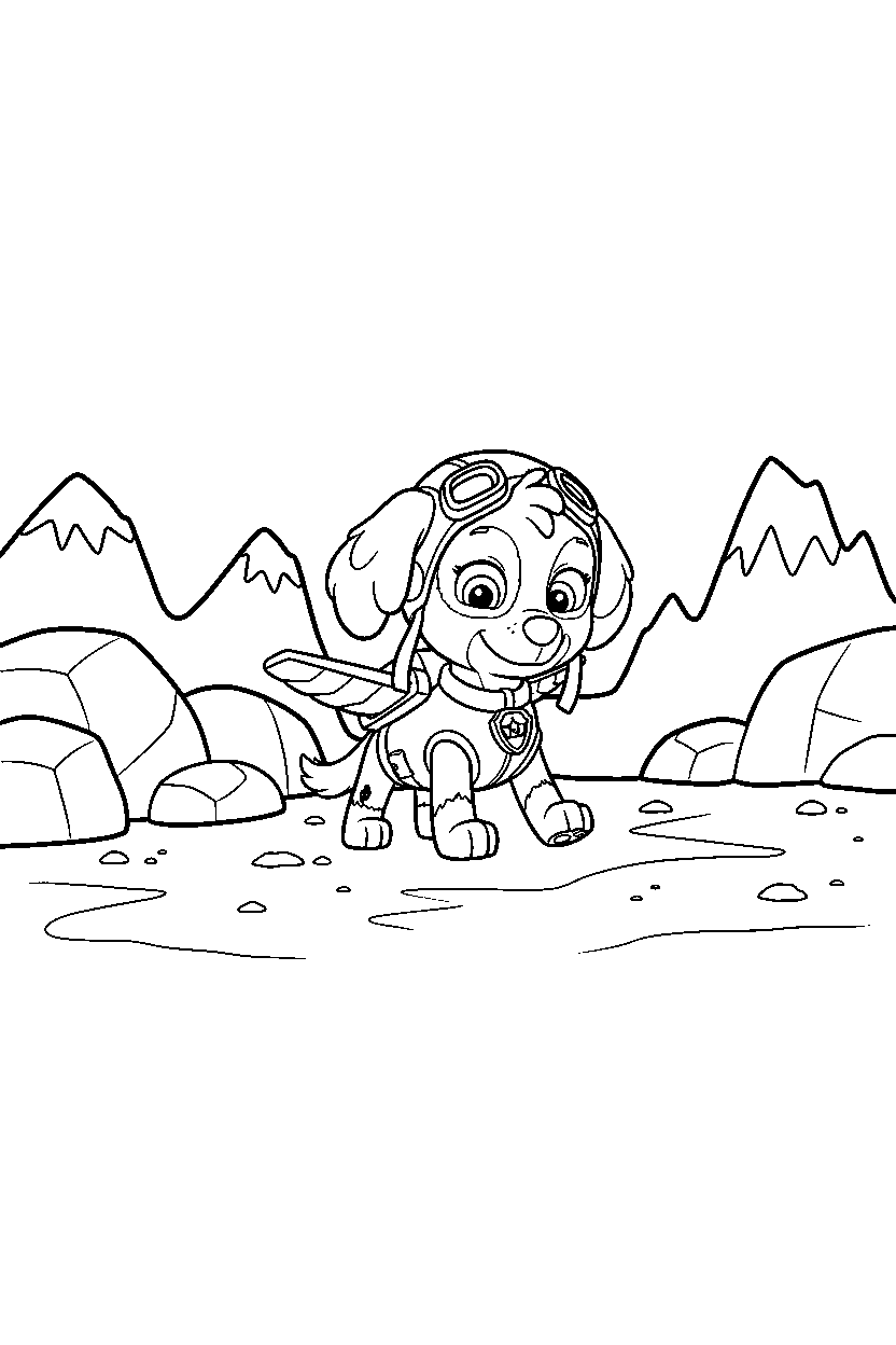 paw patrol skye exploring in rocky area line art