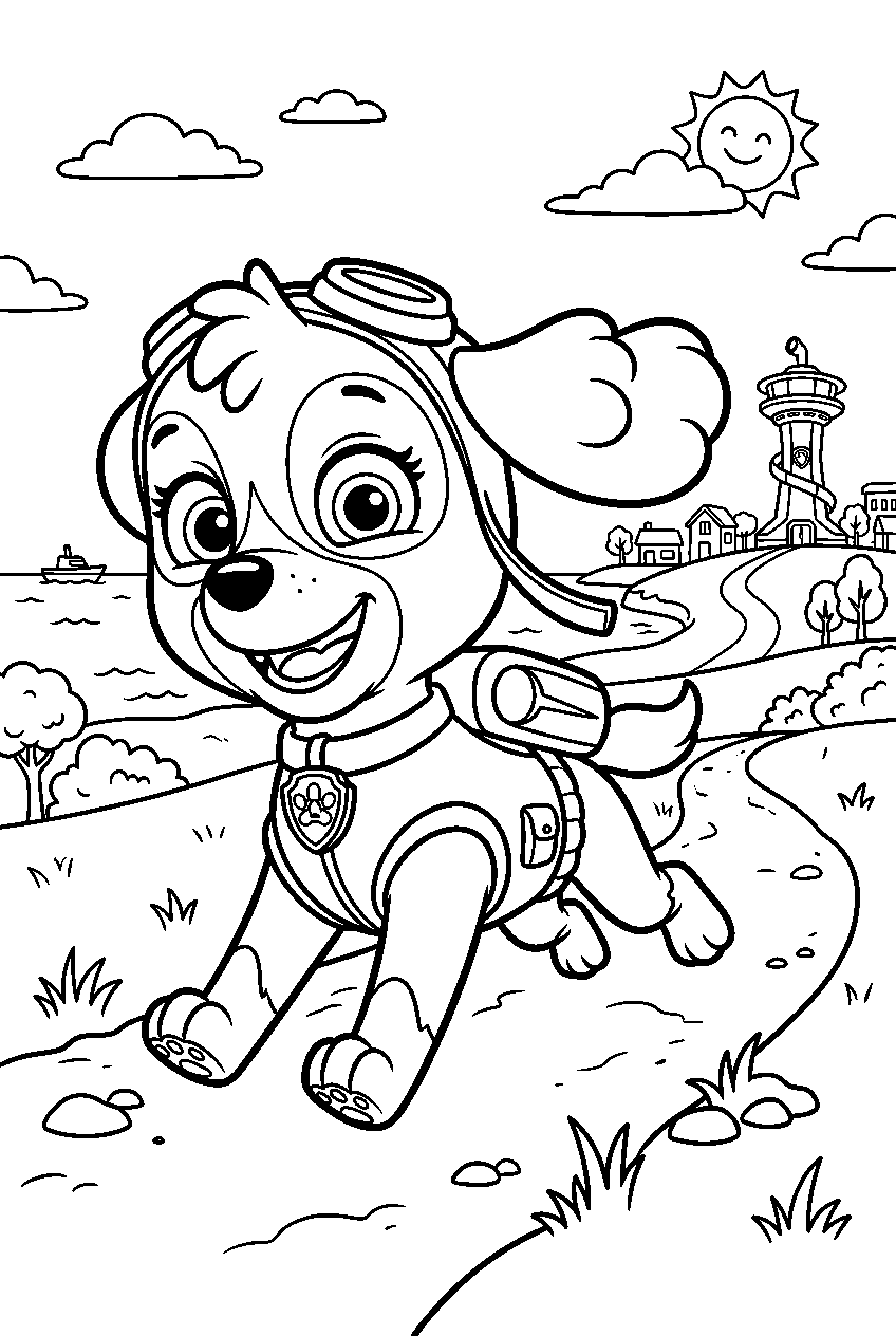 paw patrol skye running in adventure bay line art