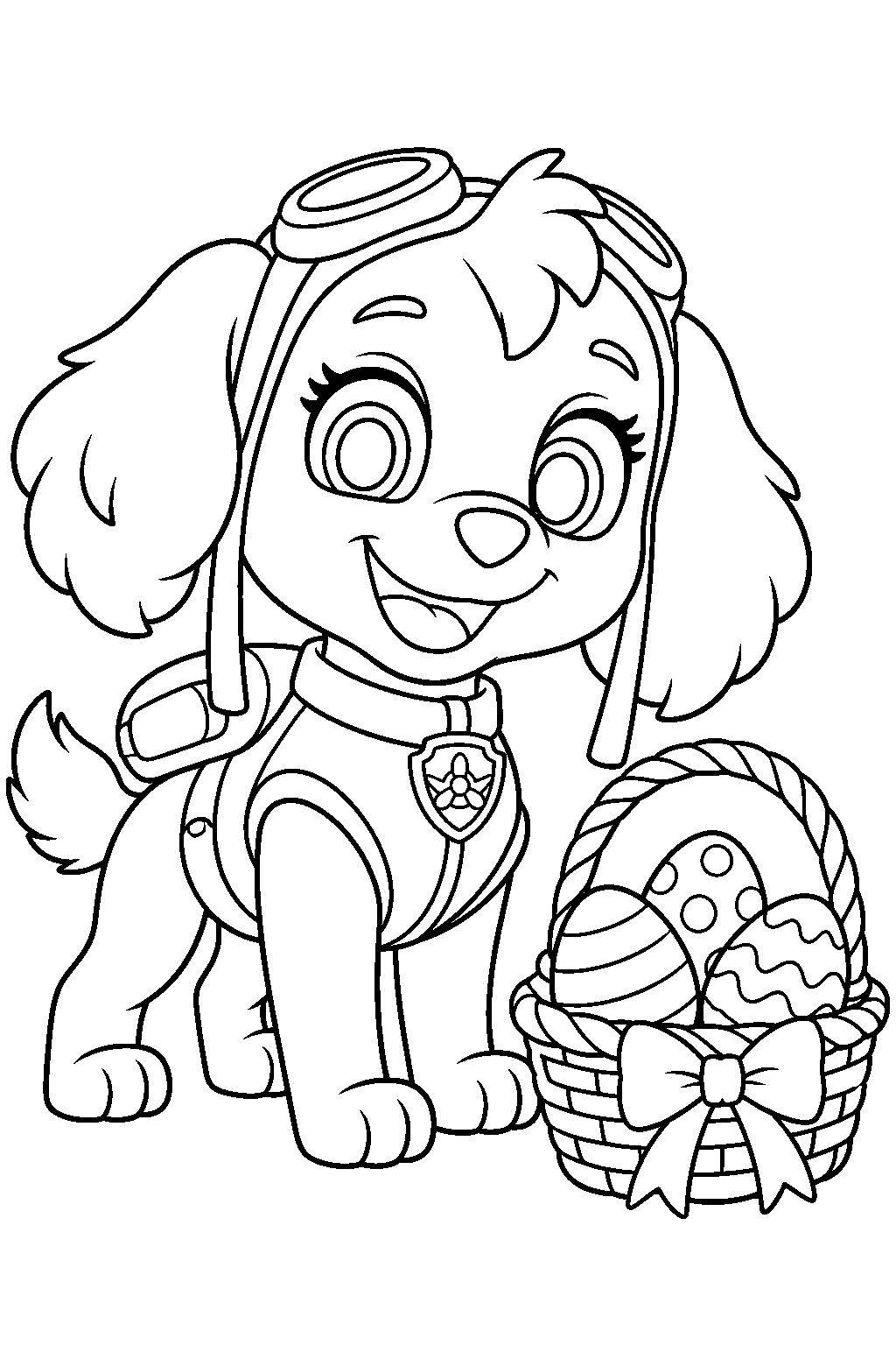 paw patrol skye with a basket of easter eggs line art