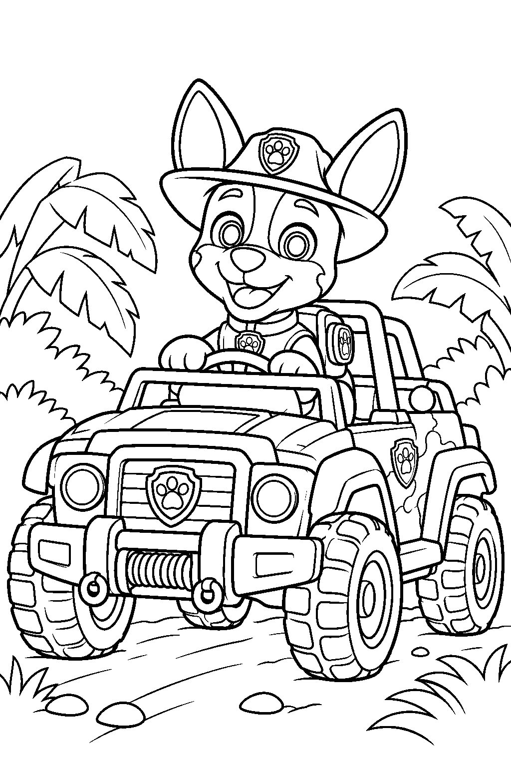 paw patrol tracker driving his jungle jeep line art