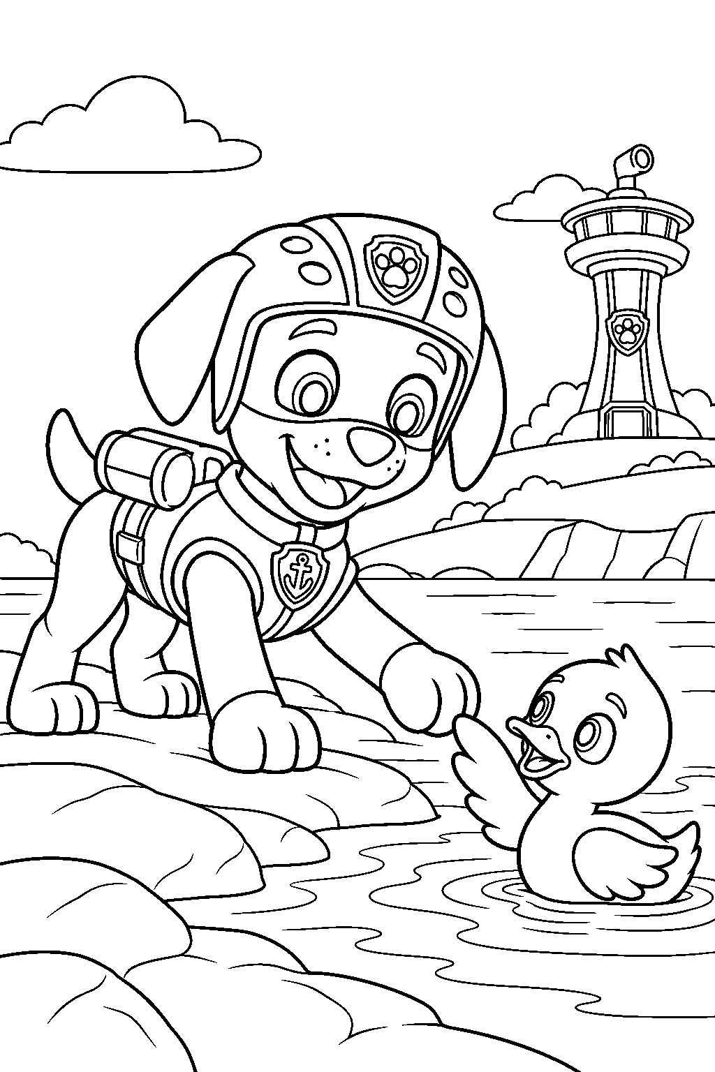paw patrol zuma rescuing a duck in adventure bay line art