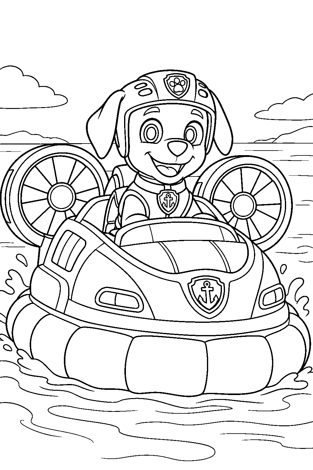 paw patrol zuma riding his hovercraft line art