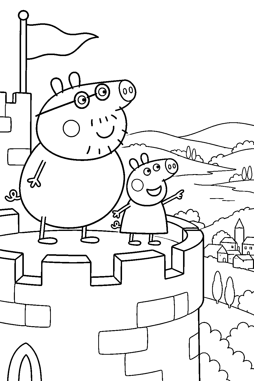 daddy pig admiring the view from windy castle with peppa line art