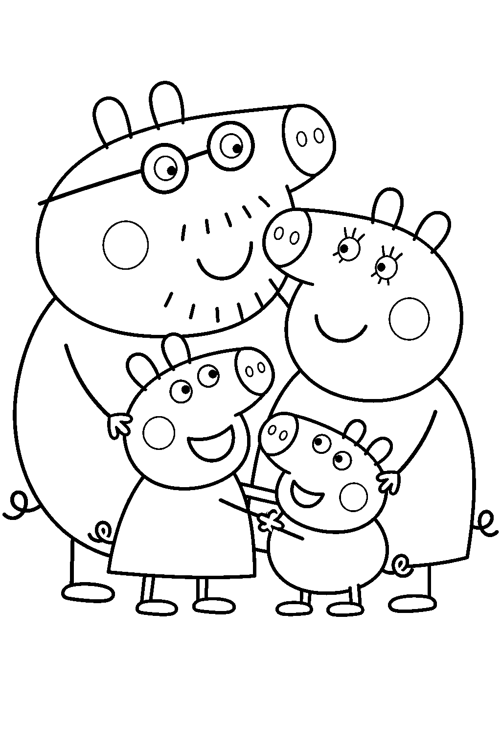 daddy pig and mummy pig sharing a family hug with peppa and george line art