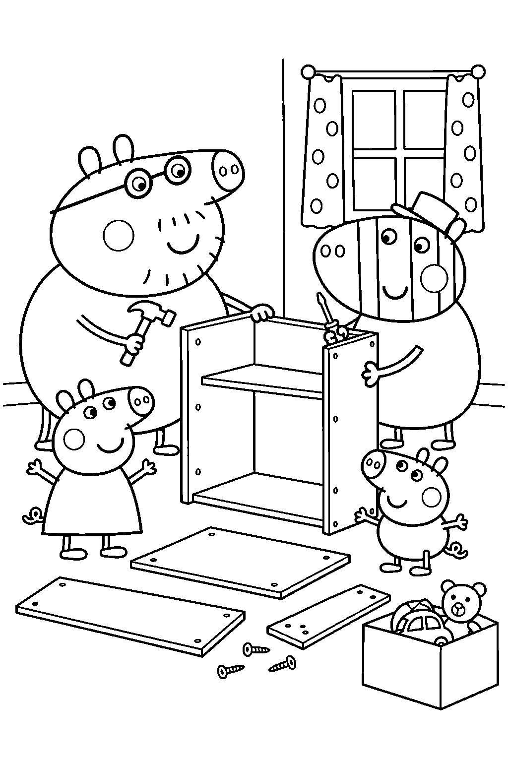 daddy pig assembling a toy cupboard with mr zebra line art