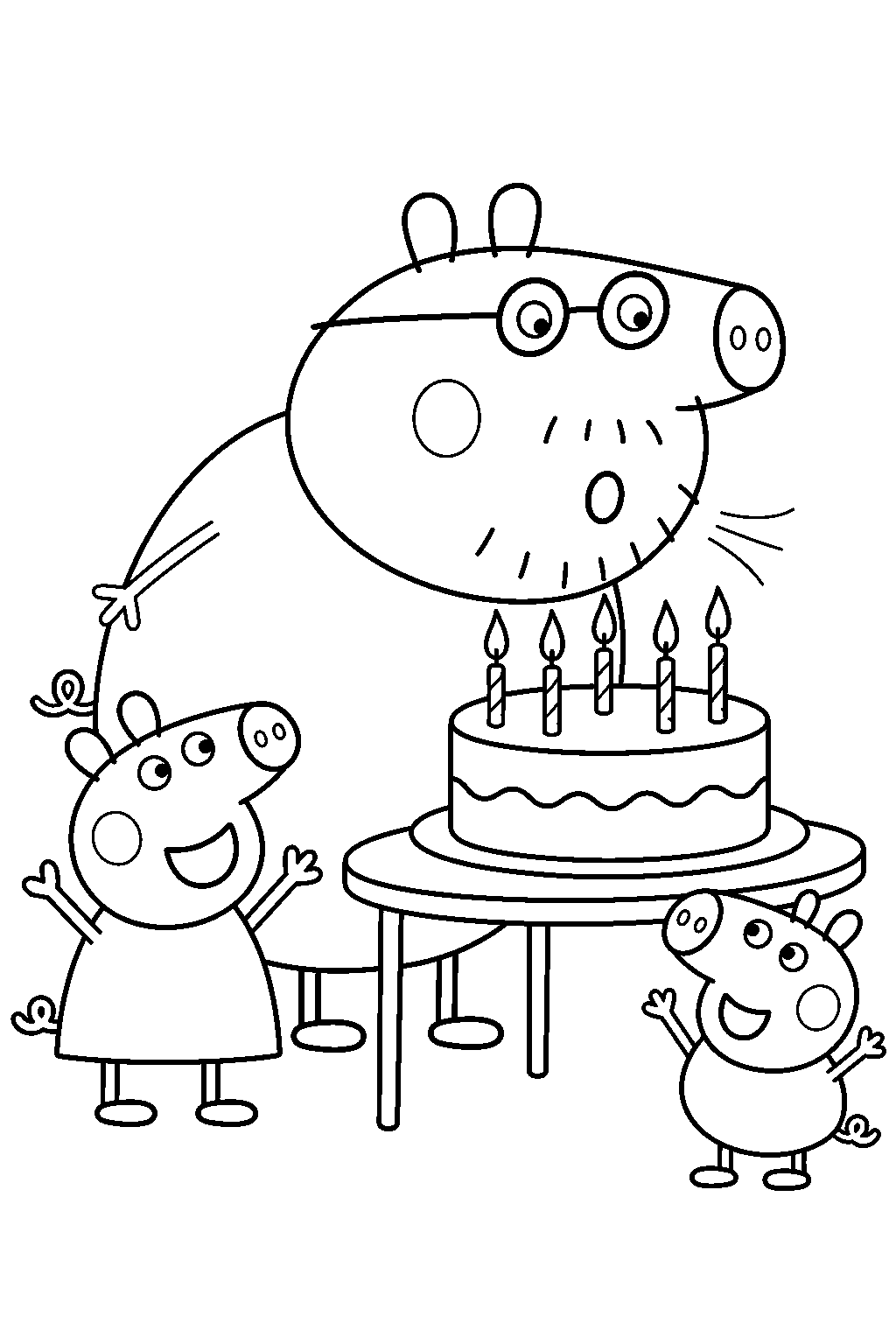 daddy pig blowing out the candles on his birthday cake line art