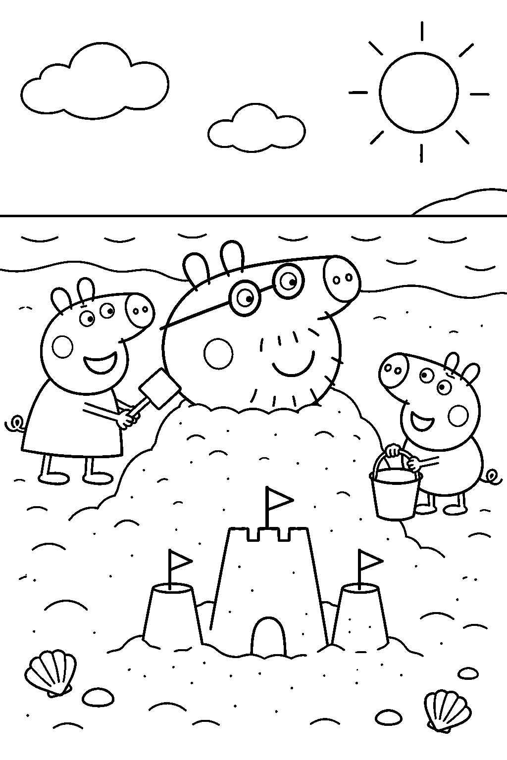 daddy pig buried in beach sand beside peppa and george s sandcastle line art