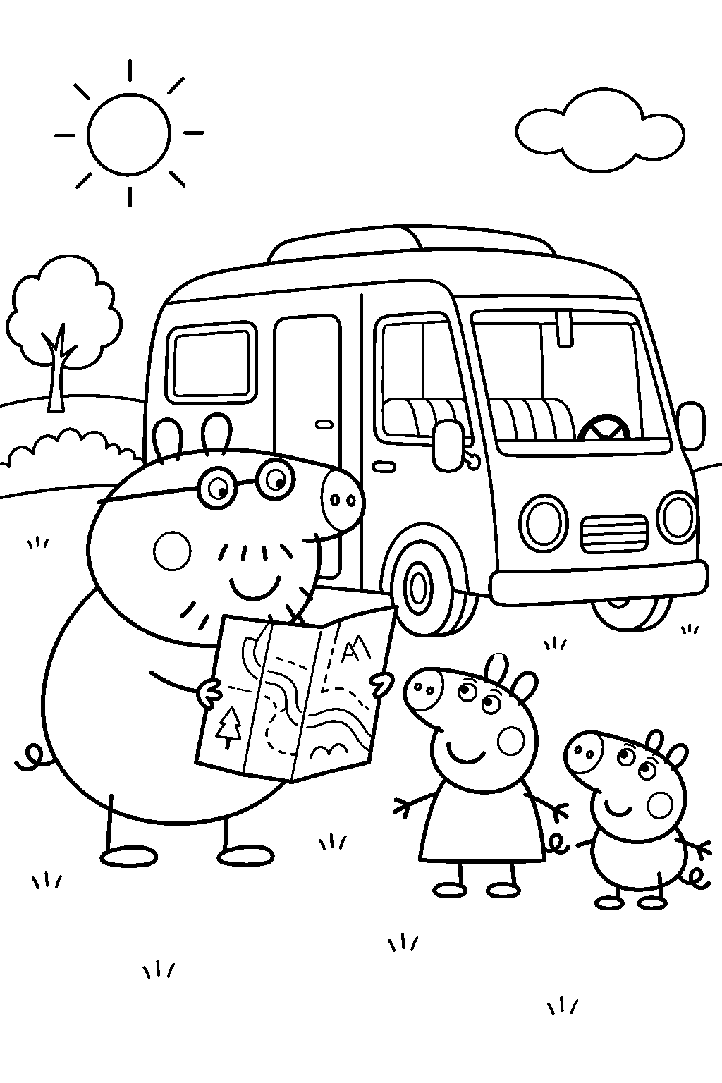 daddy pig checking a map beside the family camper van line art