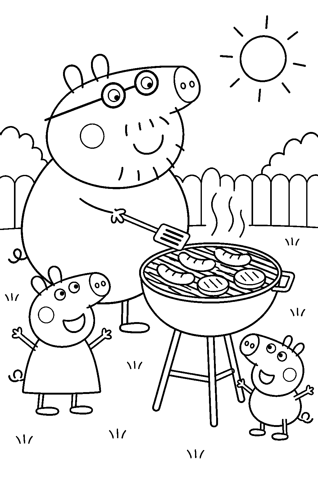 daddy pig cooking a barbecue in the garden line art