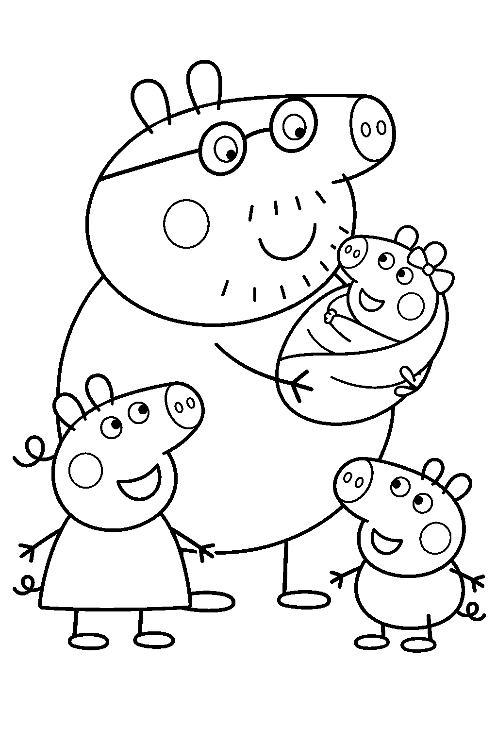 daddy pig cradling baby evie while peppa and george watch line art