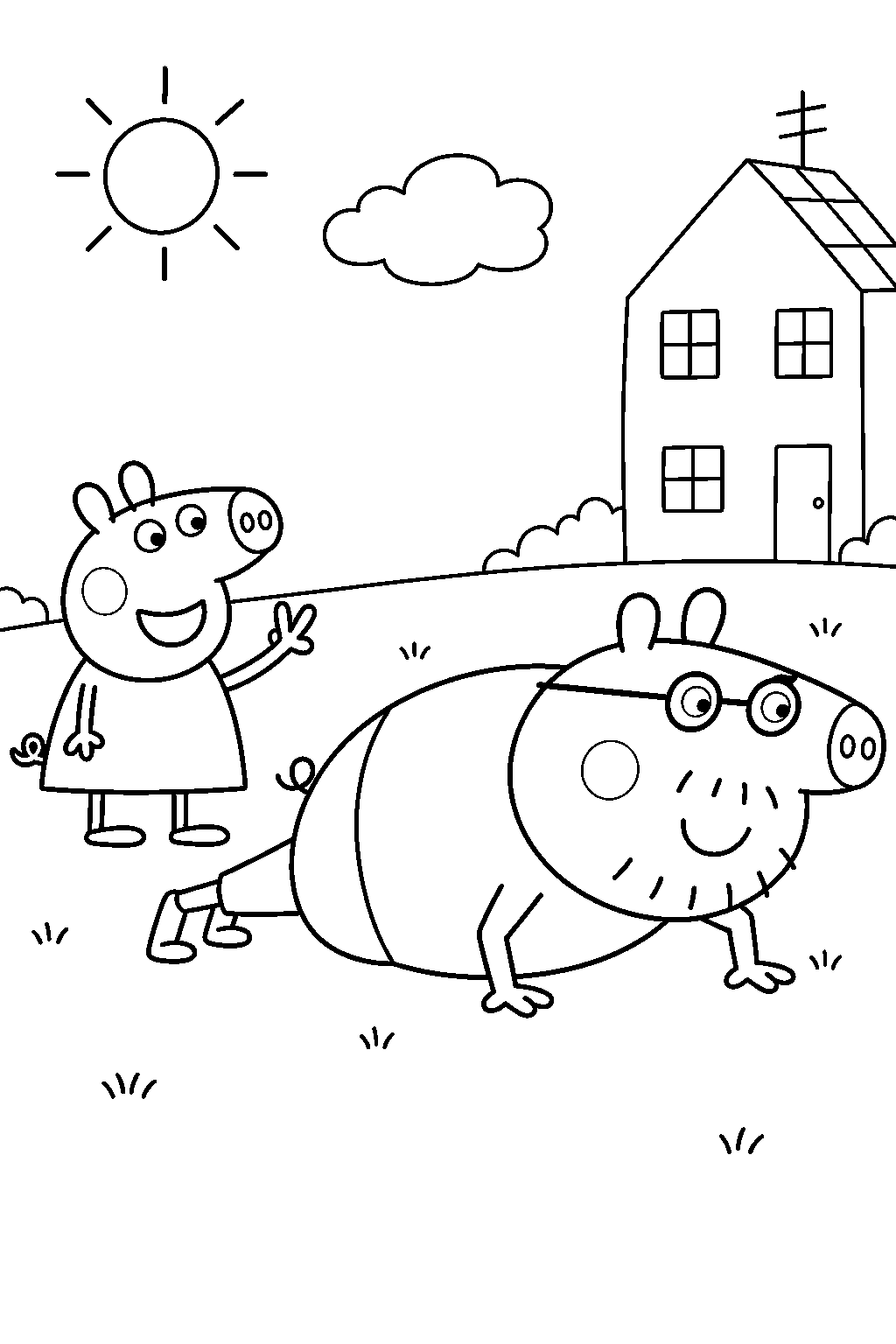 daddy pig doing press ups while peppa counts beside him line art