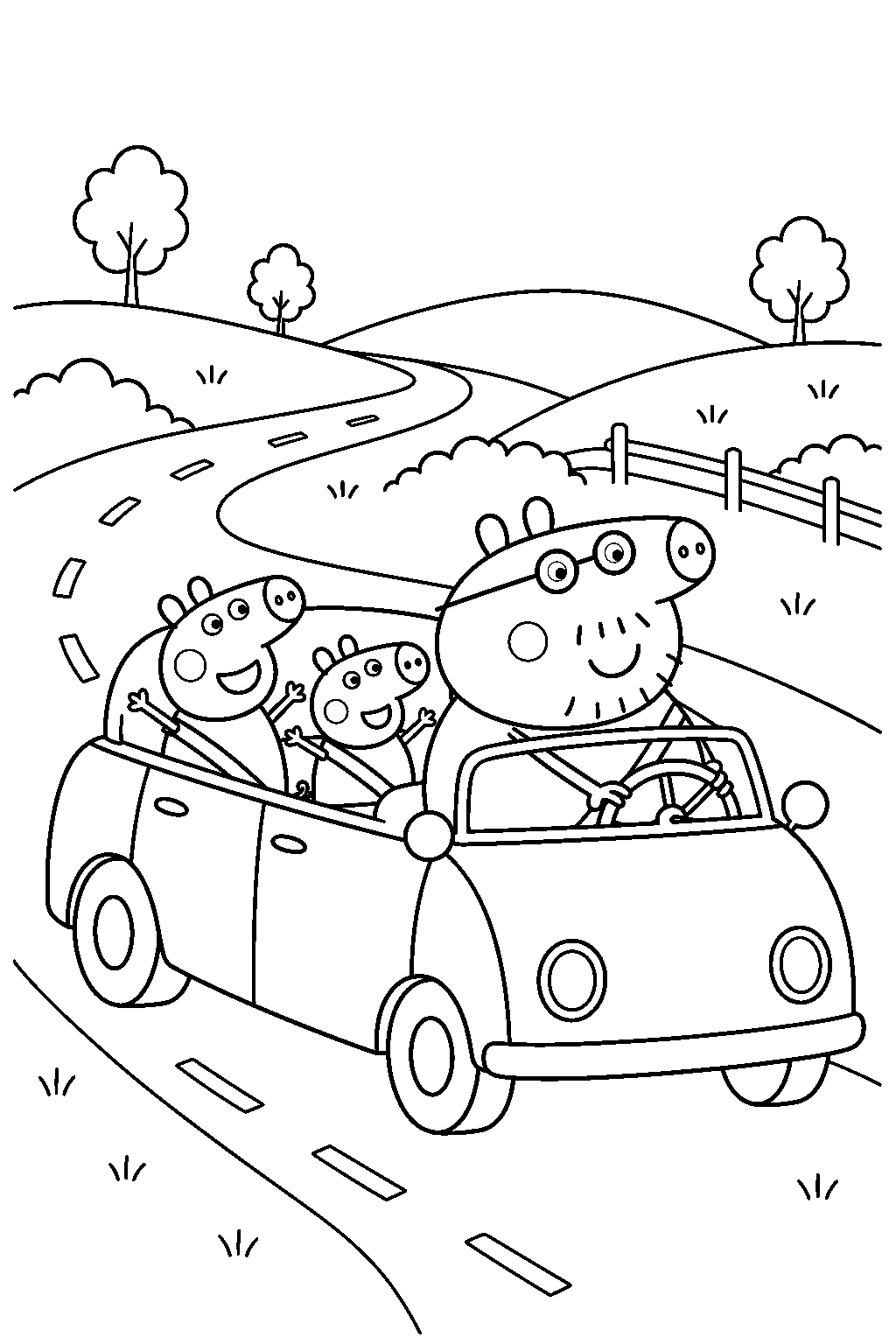 daddy pig driving the family car along a winding country road line art