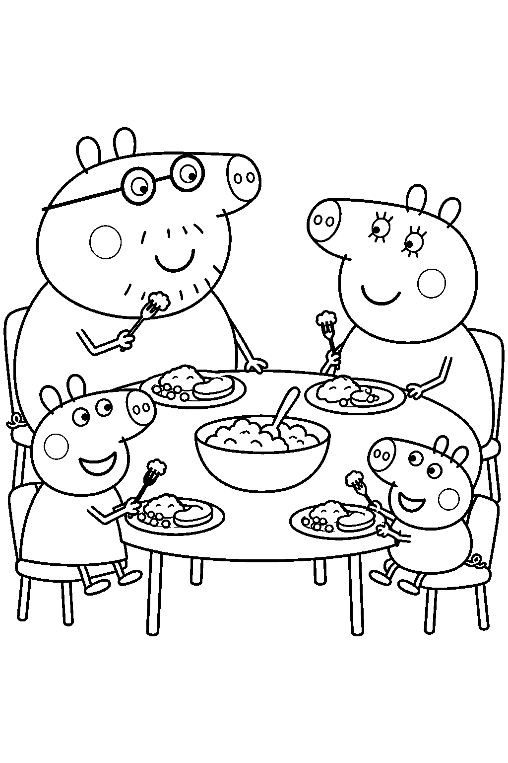 daddy pig eating dinner at the table with mummy pig and the children line art