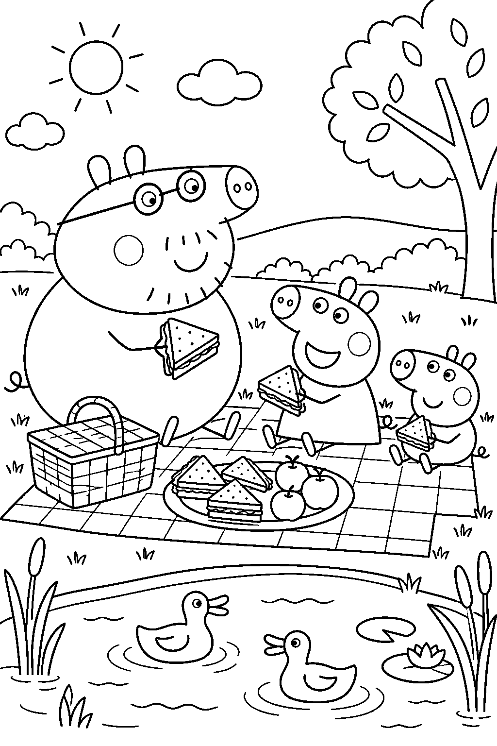 daddy pig enjoying a picnic with his family beside a pond line art