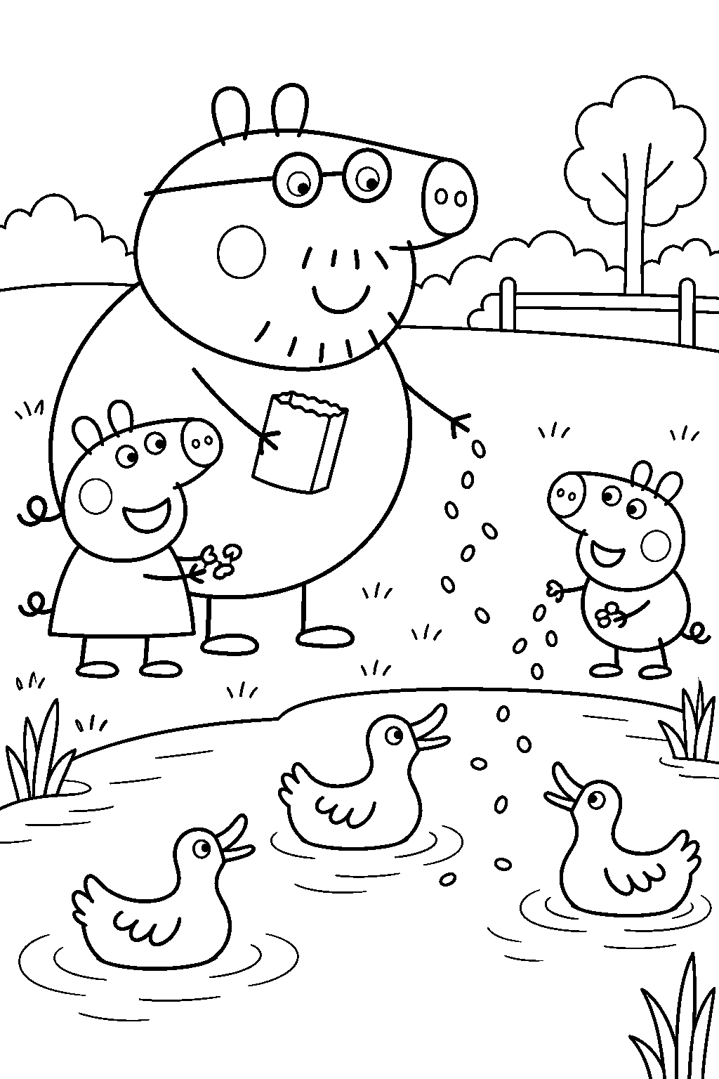 daddy pig feeding ducks with peppa and george at the pond line art