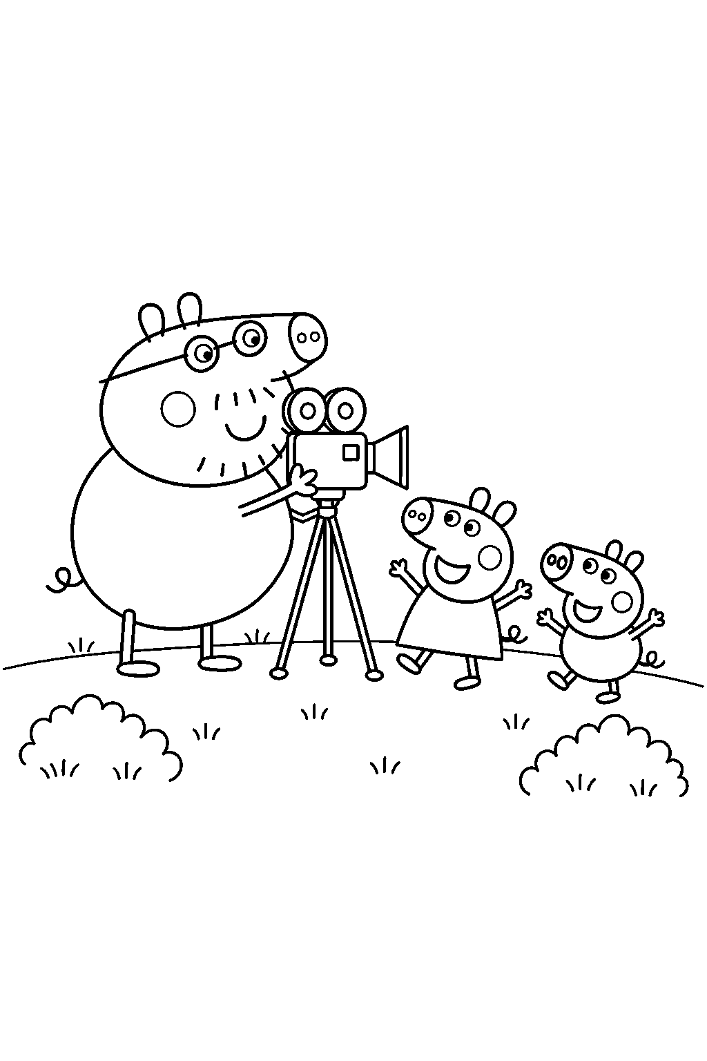 daddy pig filming peppa and george with his movie camera line art