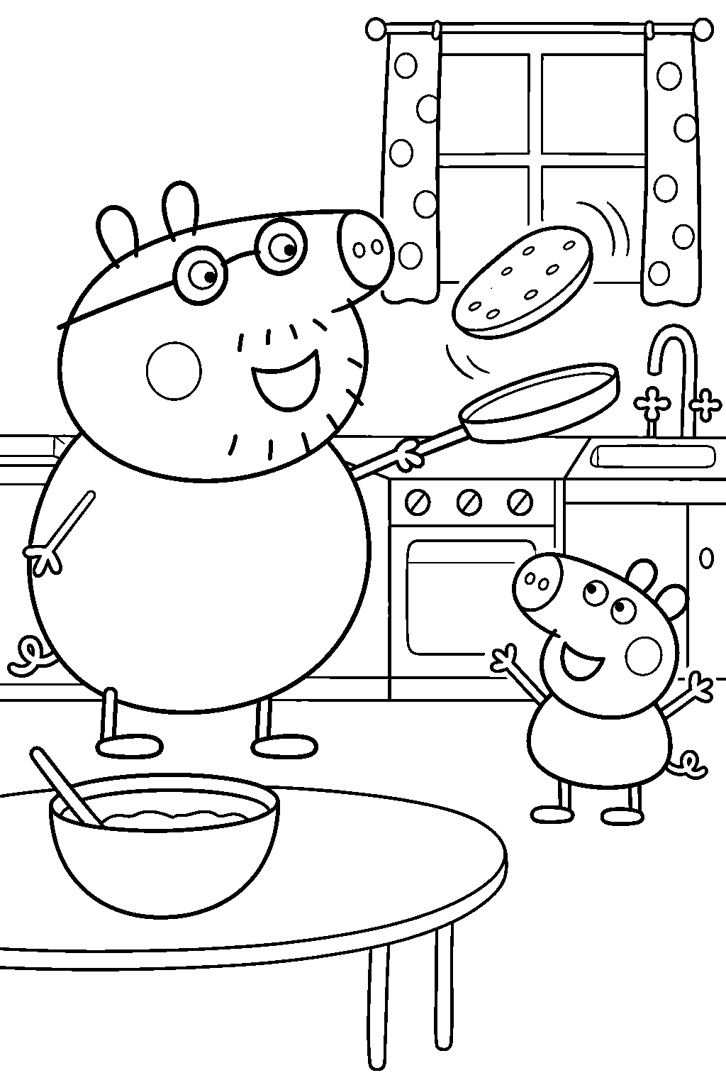 daddy pig flipping a pancake in the kitchen with george line art