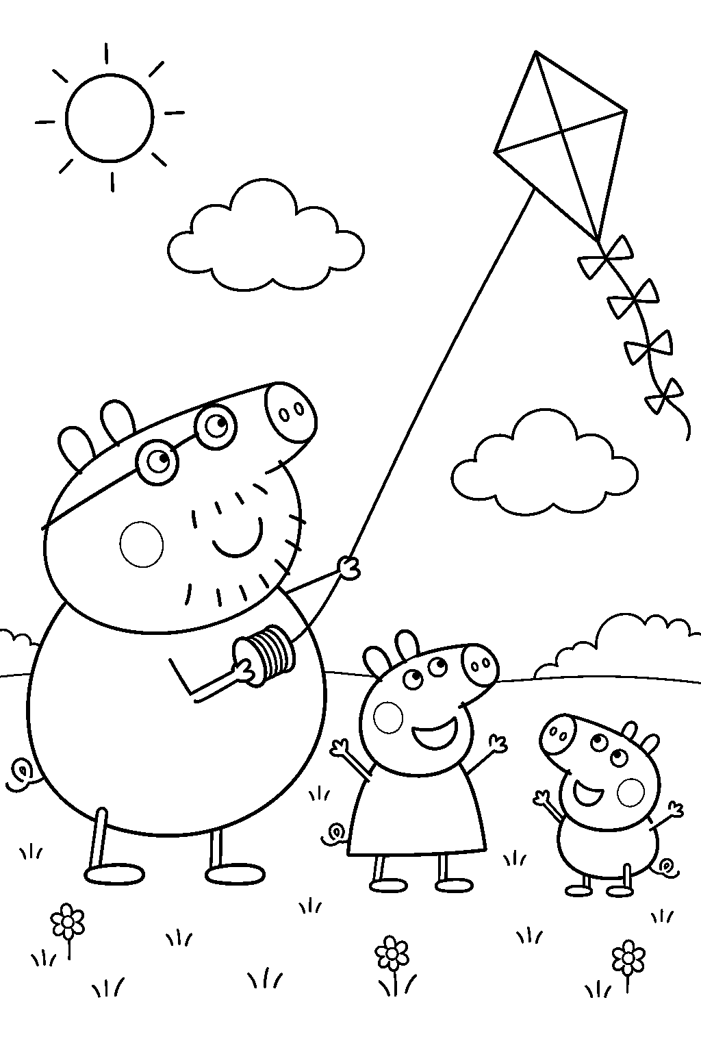 daddy pig flying a kite with peppa and george line art