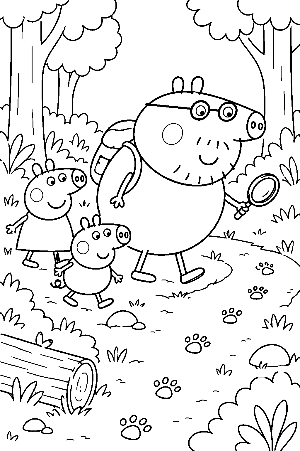 daddy pig following animal footprints on a woodland nature trail line art