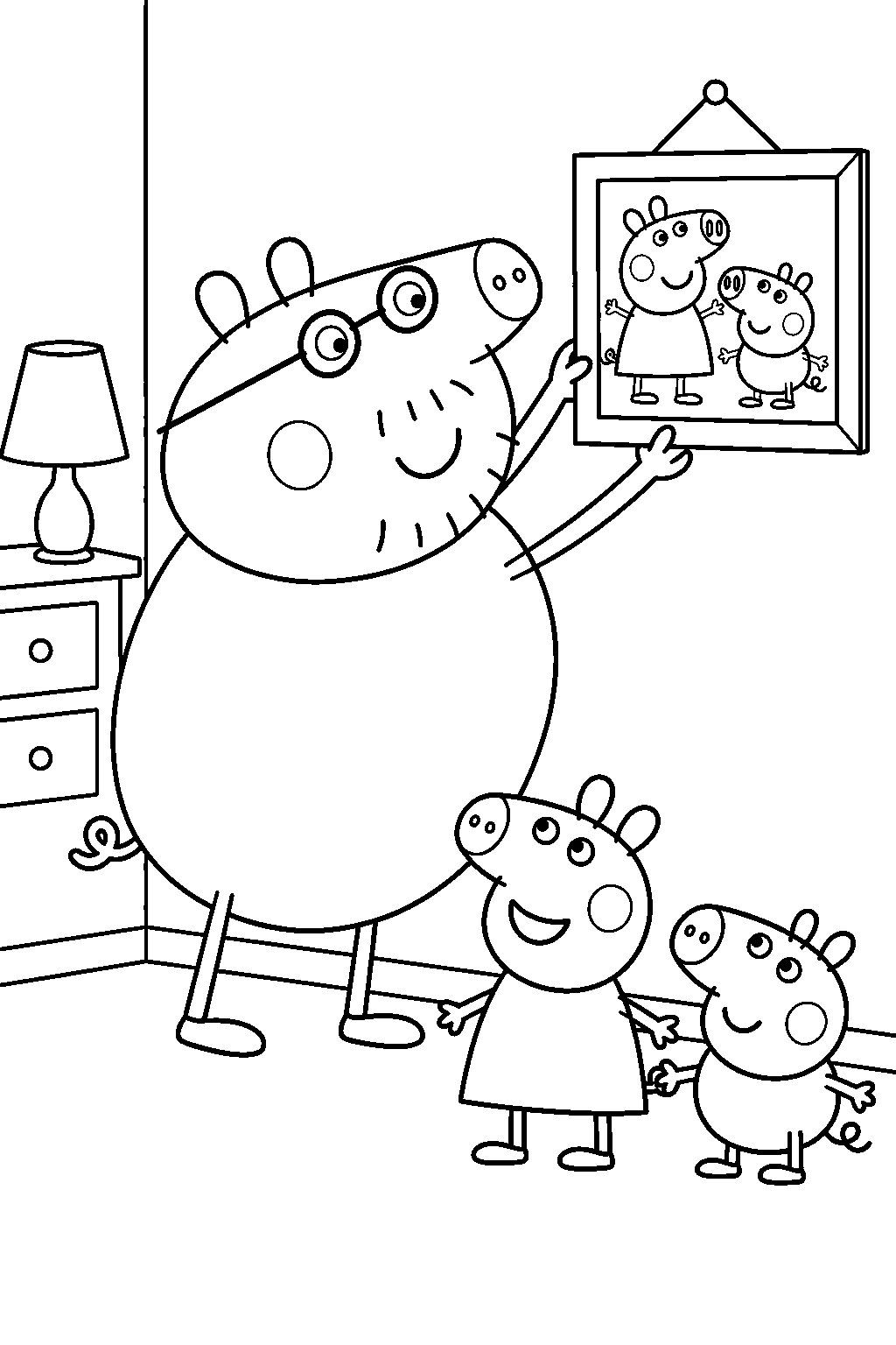 daddy pig hanging a picture of peppa and george on the wall line art
