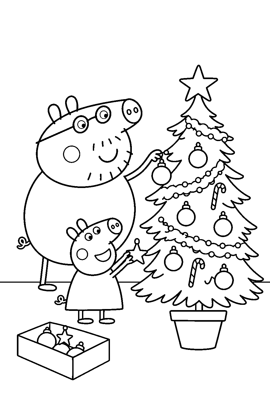 daddy pig hanging decorations on the christmas tree with peppa line art