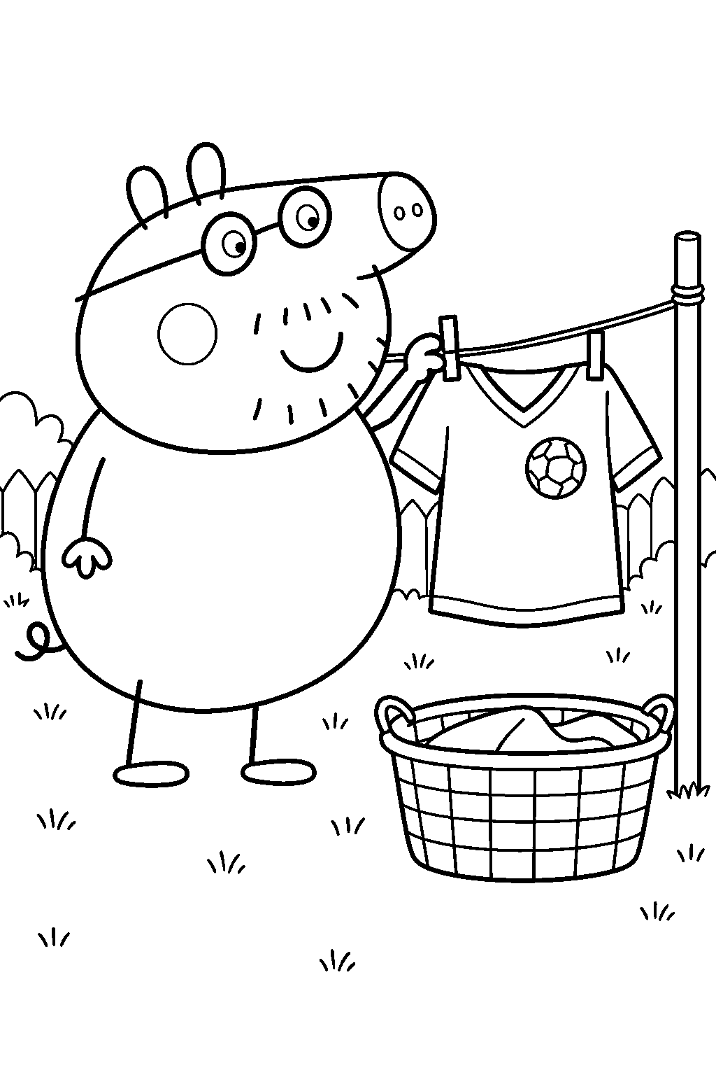 daddy pig hanging his football shirt on the washing line line art
