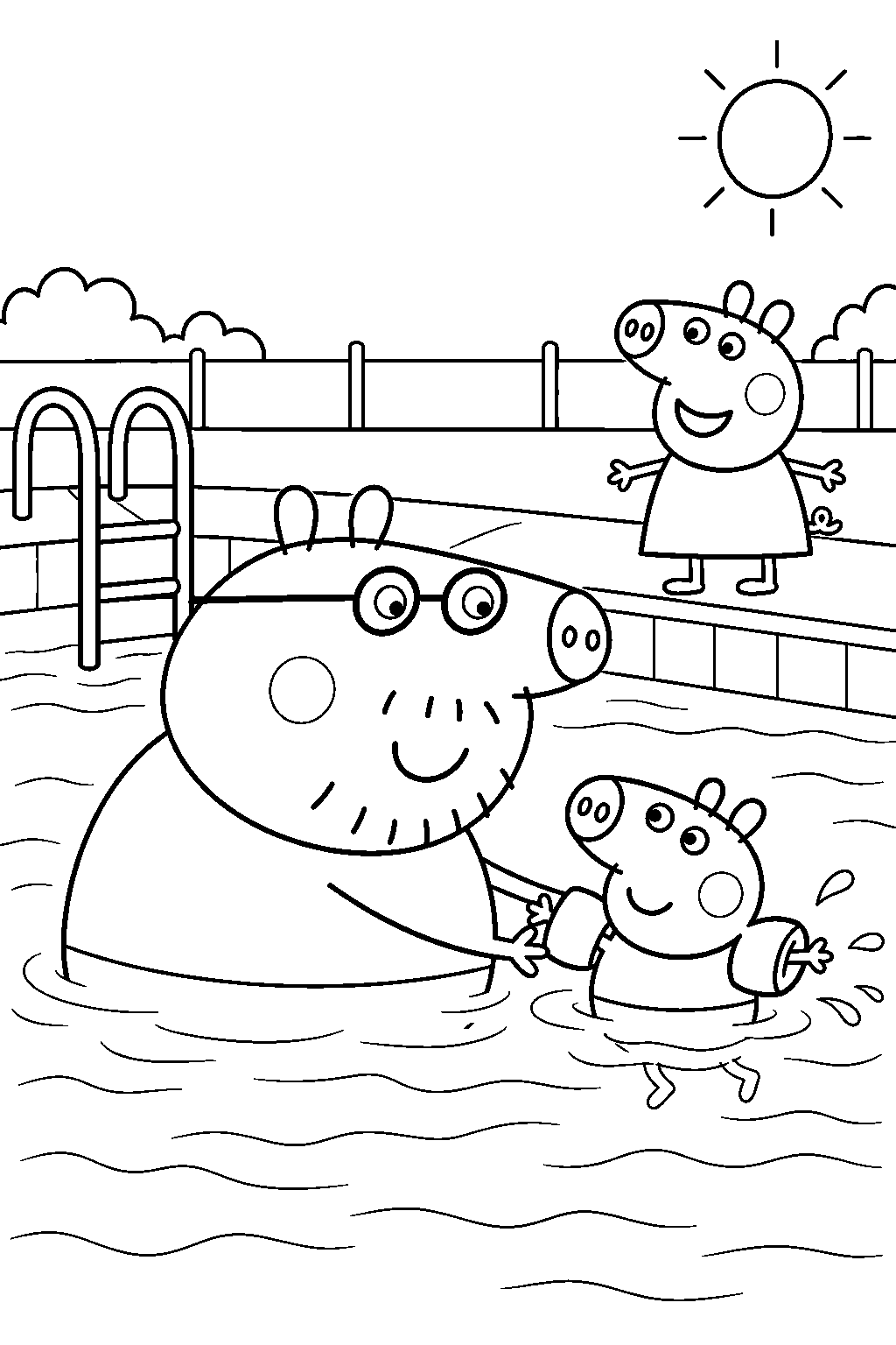 daddy pig helping george swim with armbands at the swimming pool line art