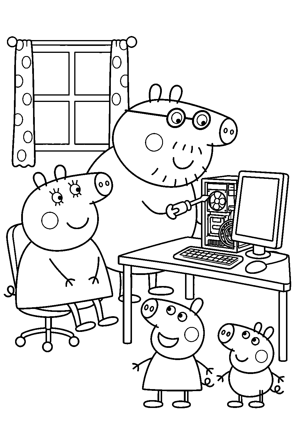 daddy pig helping mummy pig fix her computer line art