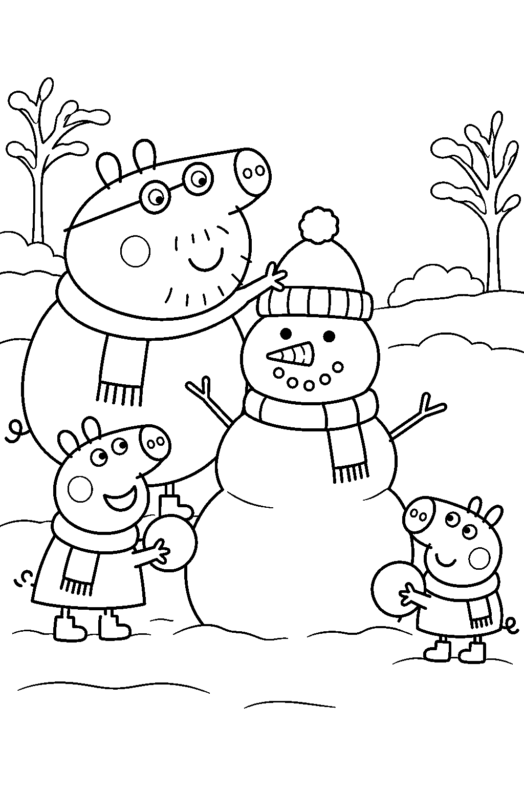 daddy pig helping peppa and george build a snowman line art