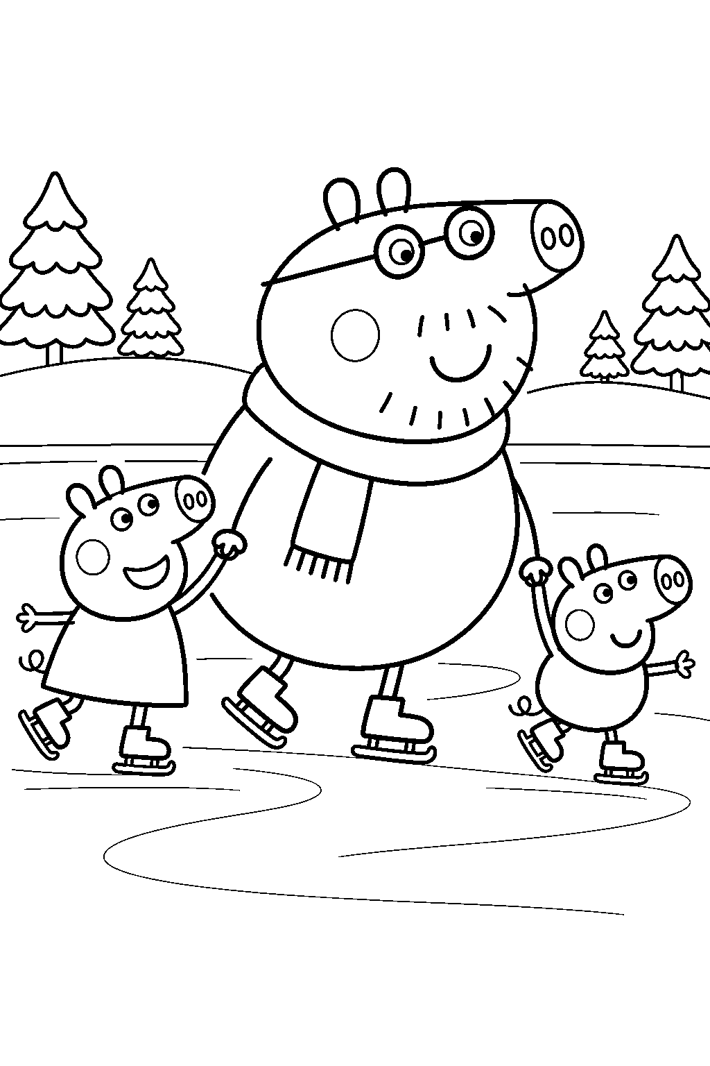 daddy pig ice skating with peppa and george line art