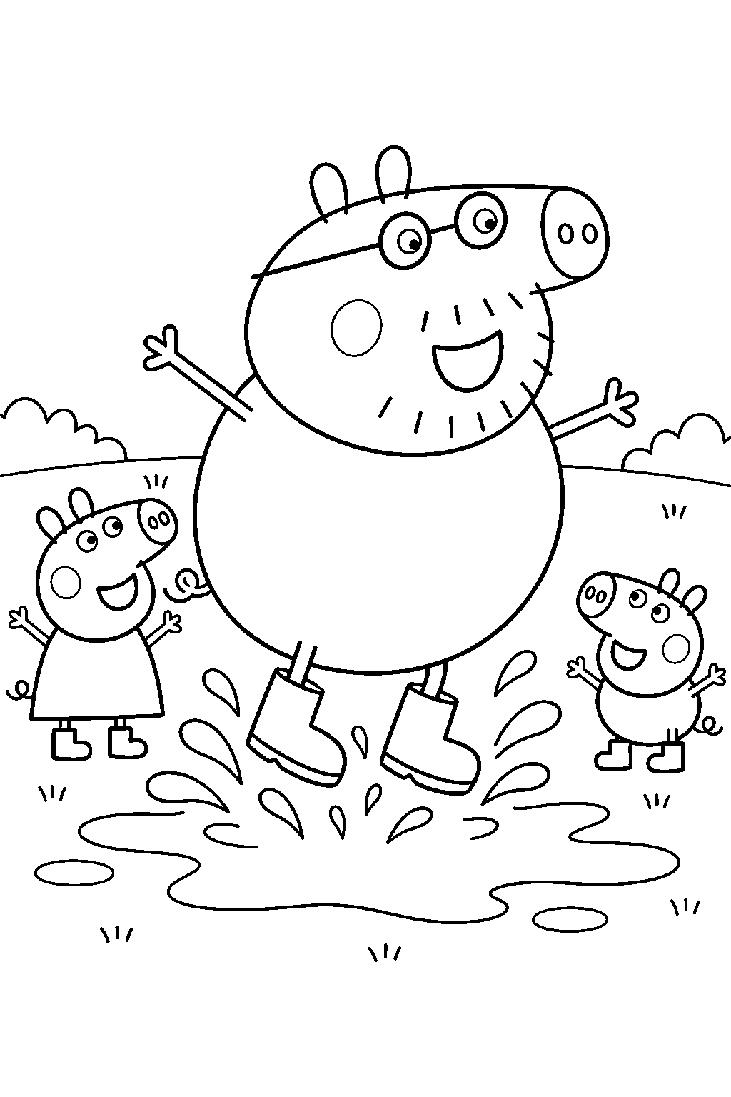 daddy pig jumping in a muddy puddle in his rain boots line art