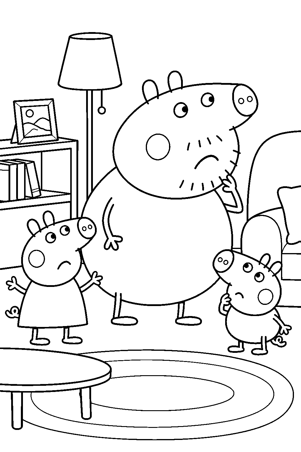 daddy pig looking for his lost glasses with peppa and george line art