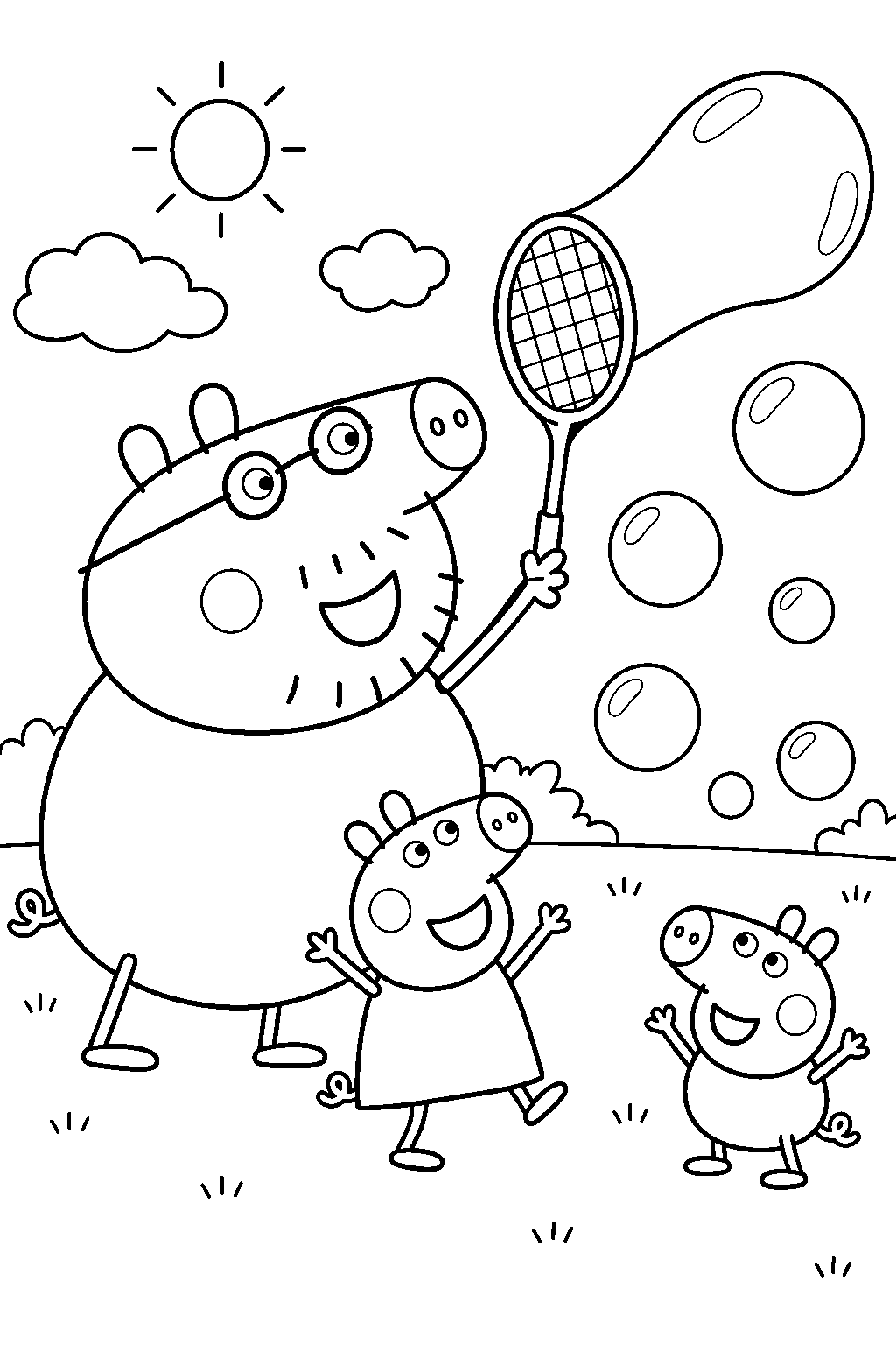 daddy pig making giant bubbles with an old tennis racket line art