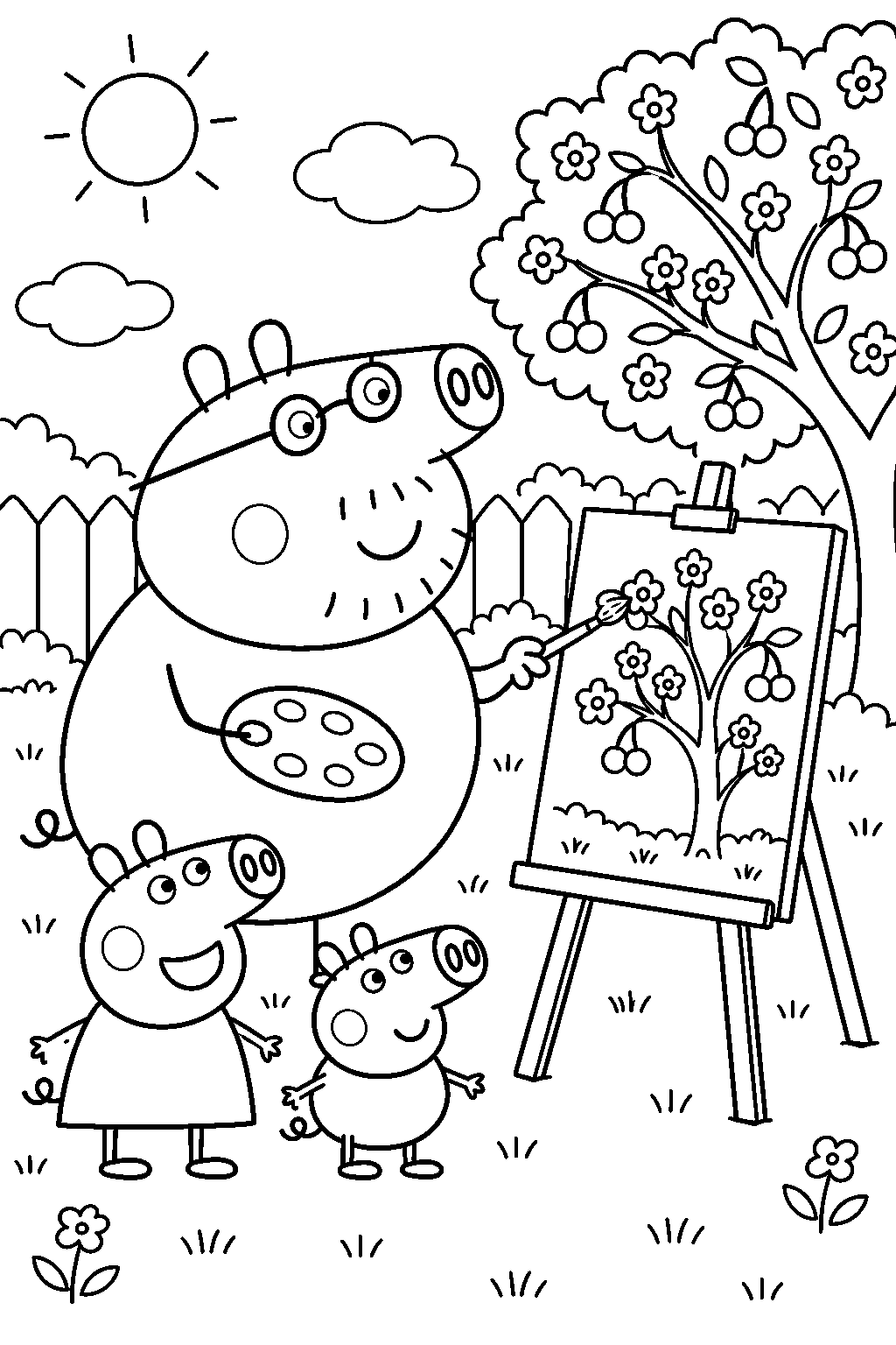 daddy pig painting a cherry tree on an easel in the garden line art