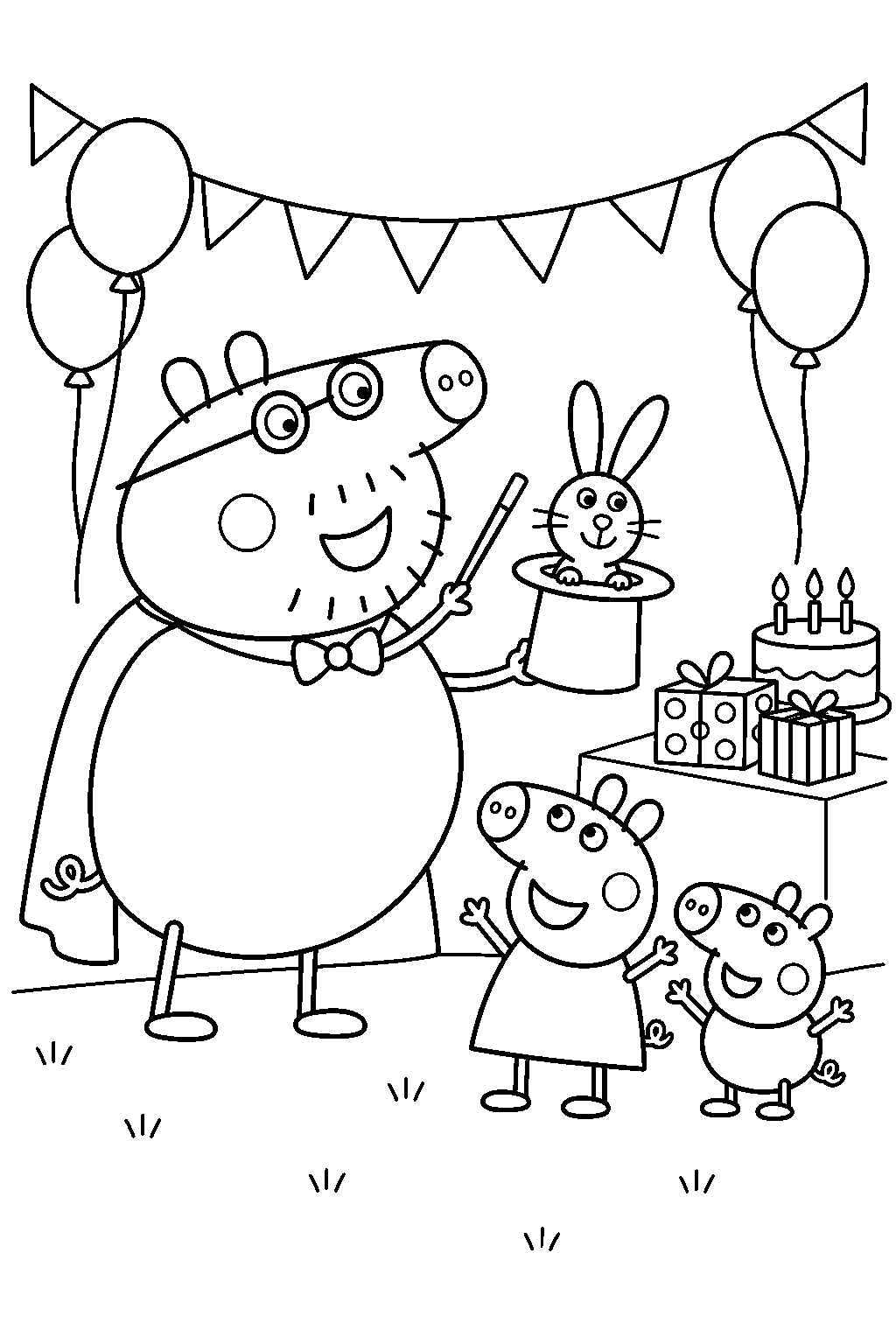 daddy pig performing a magic trick at peppa s birthday party line art