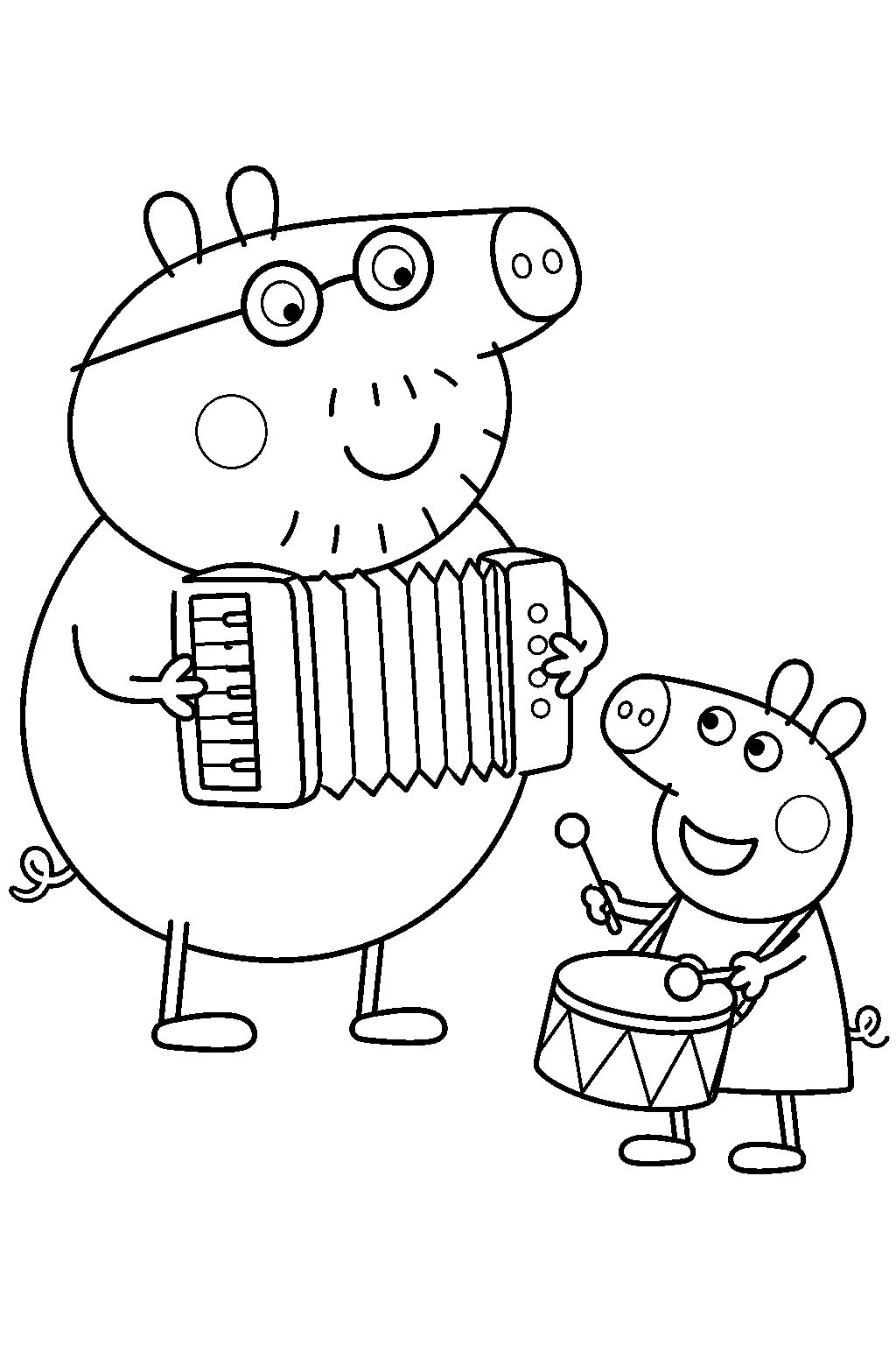 daddy pig playing the accordion while peppa plays her drum line art