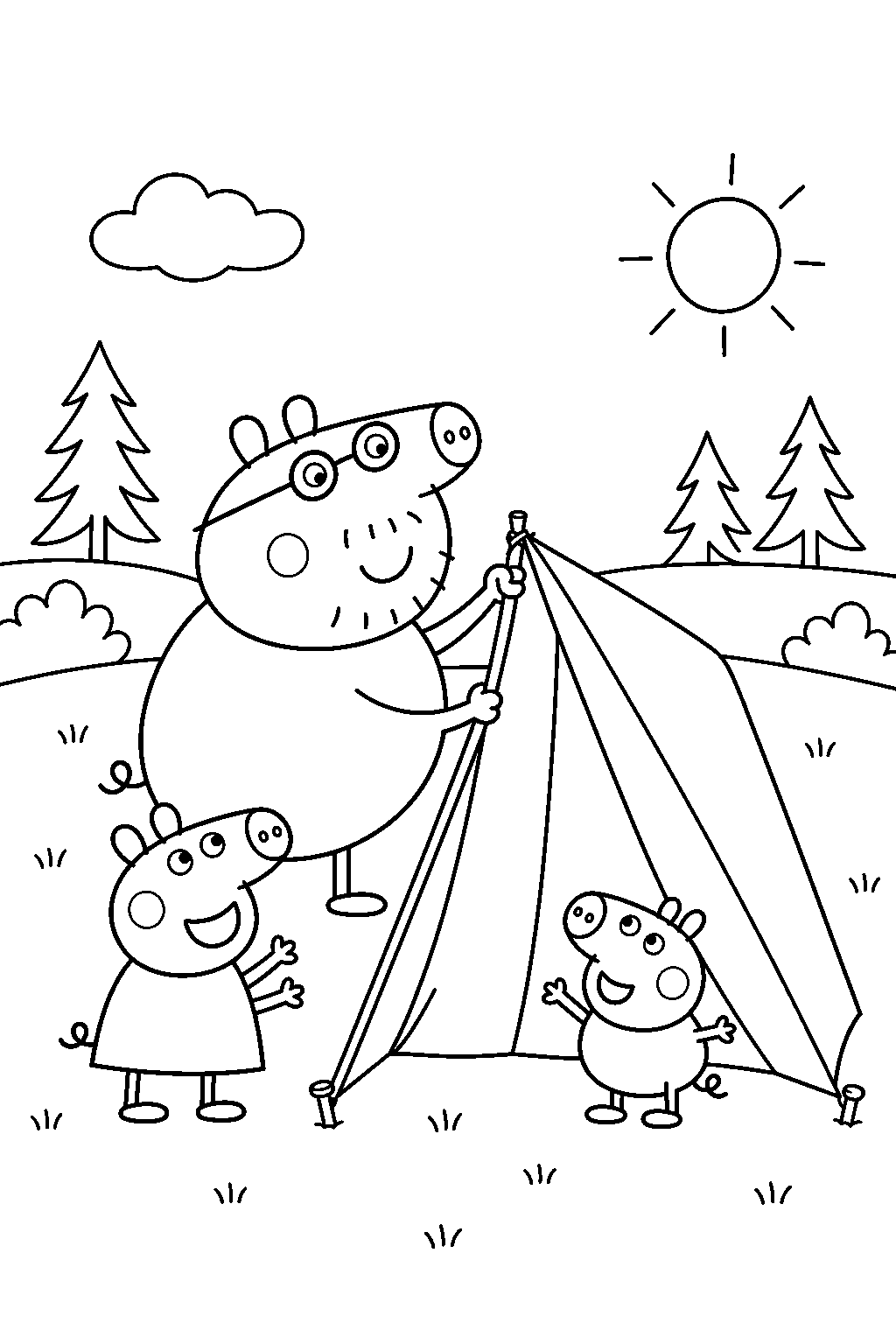 daddy pig putting up a tent at the family campsite line art