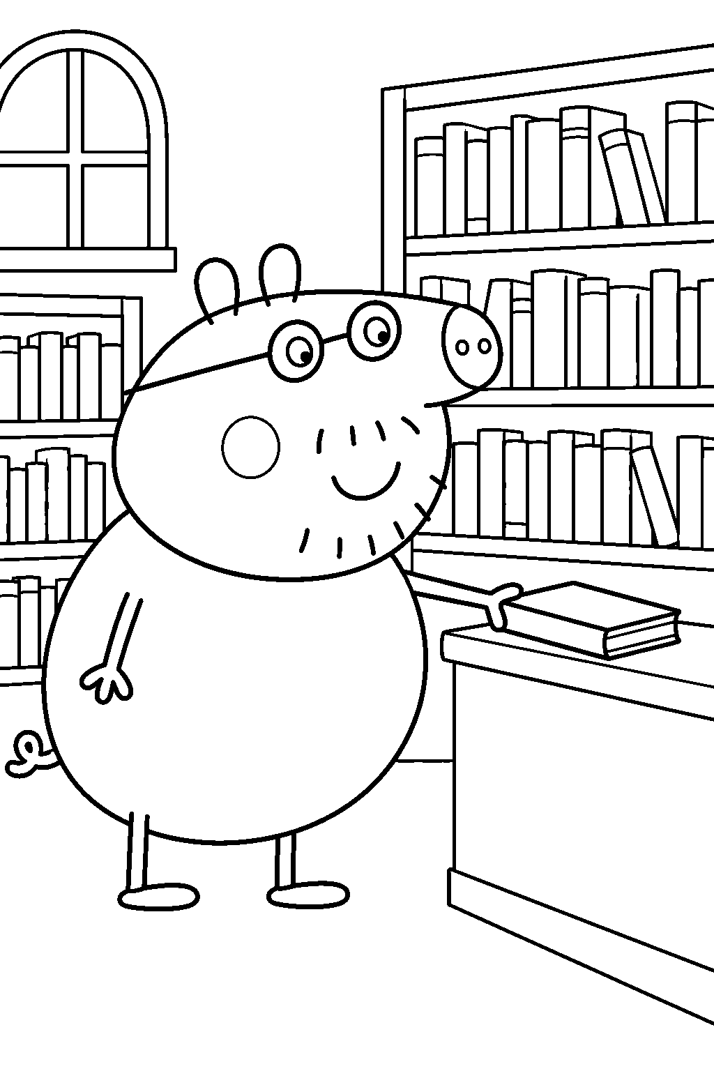 daddy pig returning his overdue book at the library line art