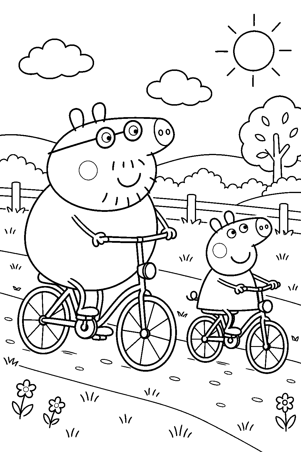 daddy pig riding his bicycle along a country path with peppa line art