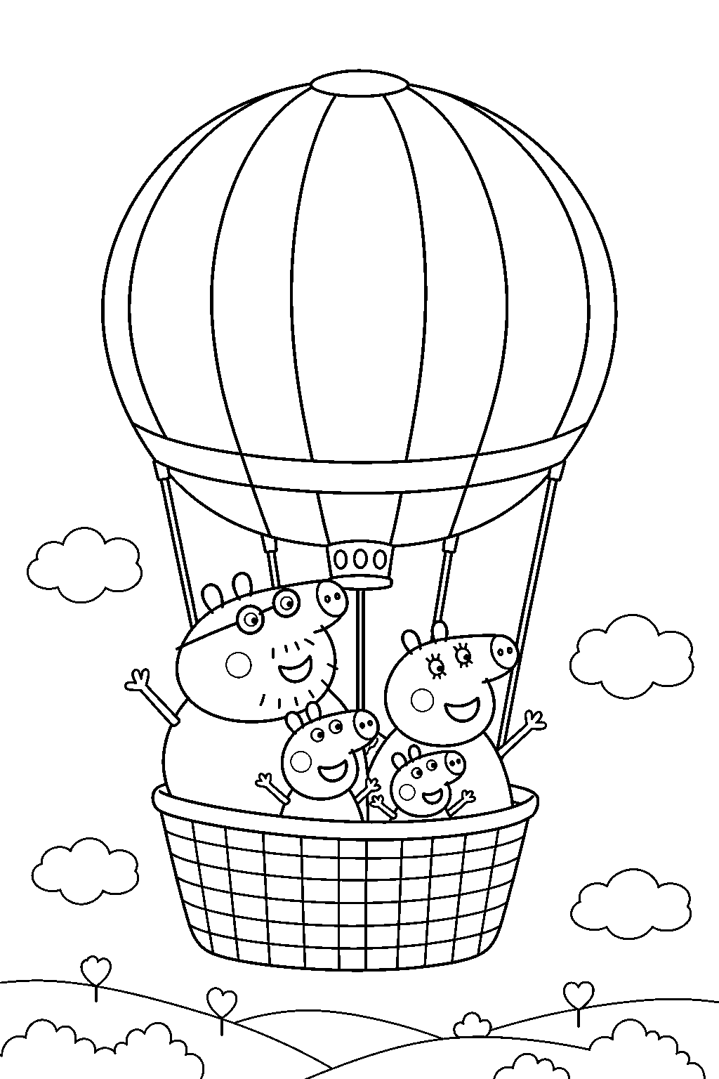daddy pig riding in a hot air balloon with his family line art