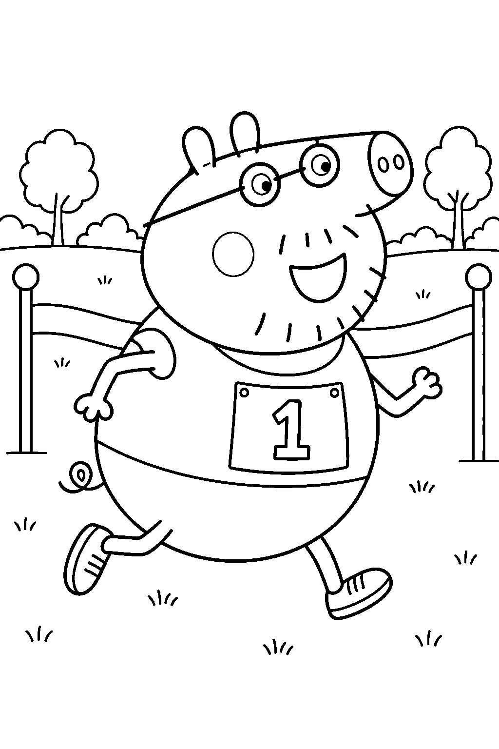 daddy pig running a charity race with a number on his shirt line art