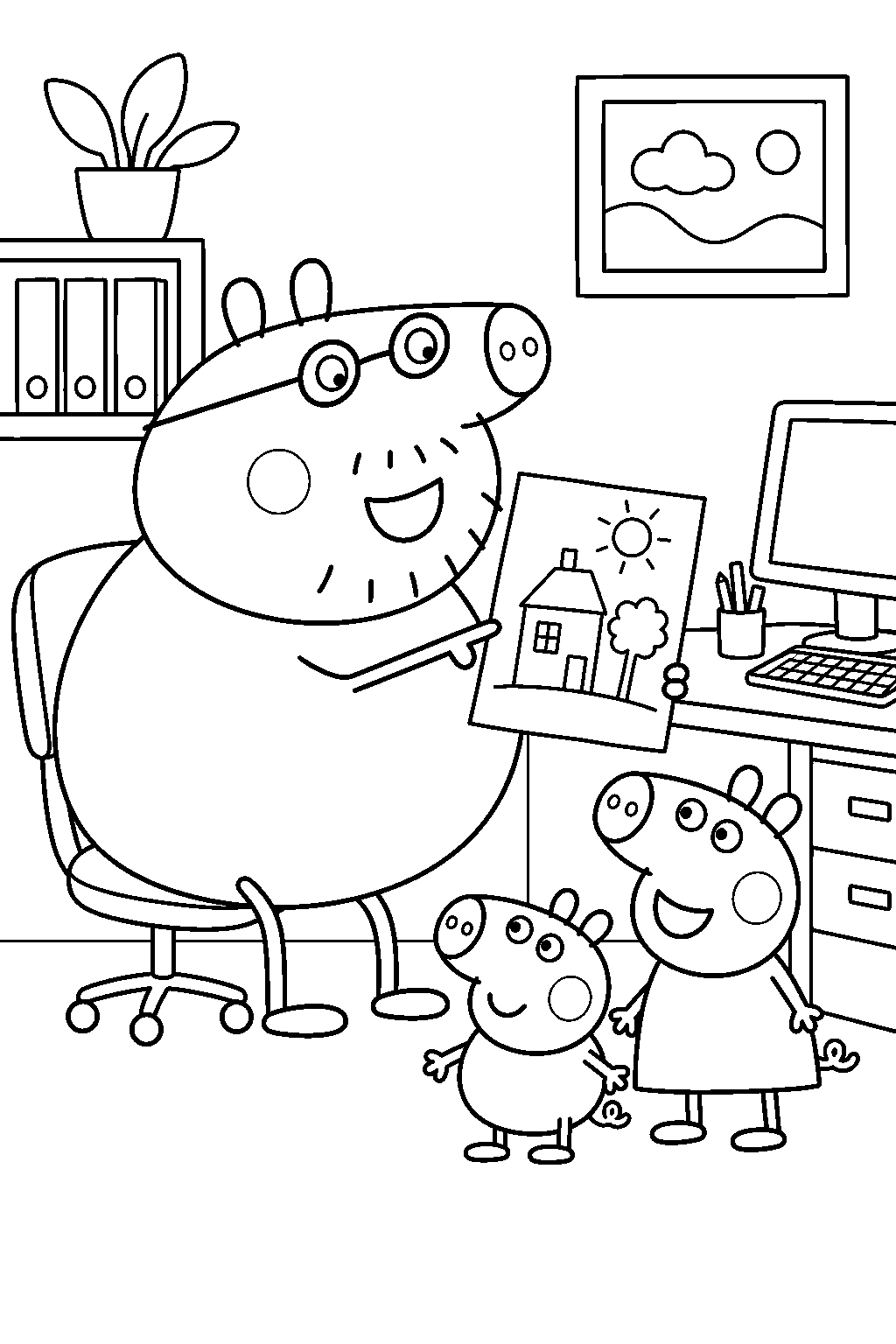 daddy pig showing peppa and george a drawing at his office line art